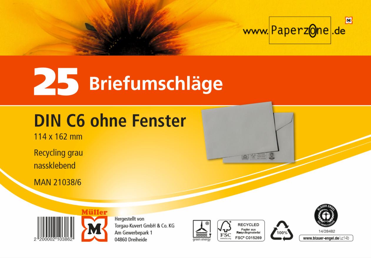 PAPERZONE Briefumschlag C6 recycling-grau