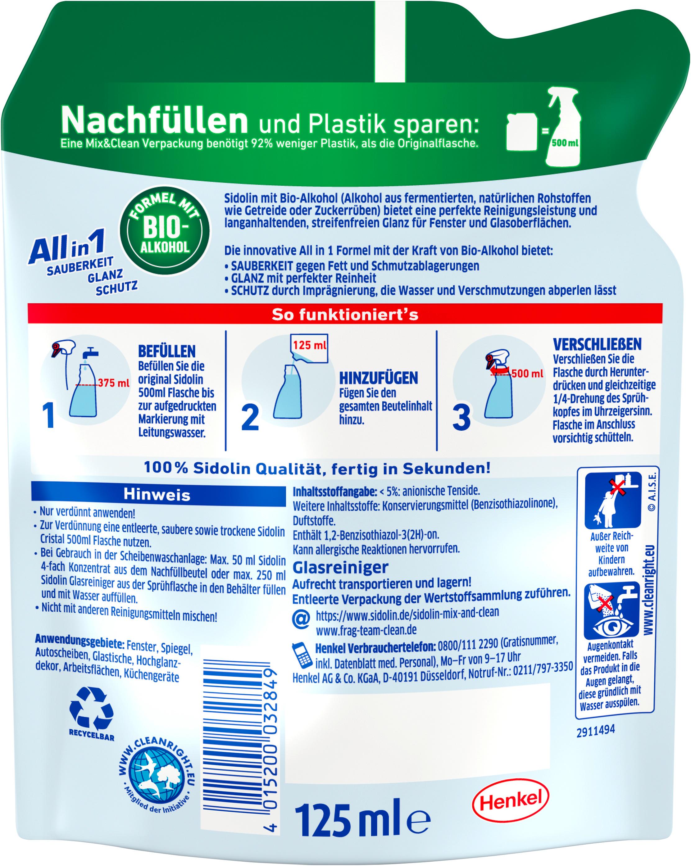 Produktbild Sidolin Glasreiniger Streifenfrei Mix&Clean Cristal Nachfüllung 2 von 7
