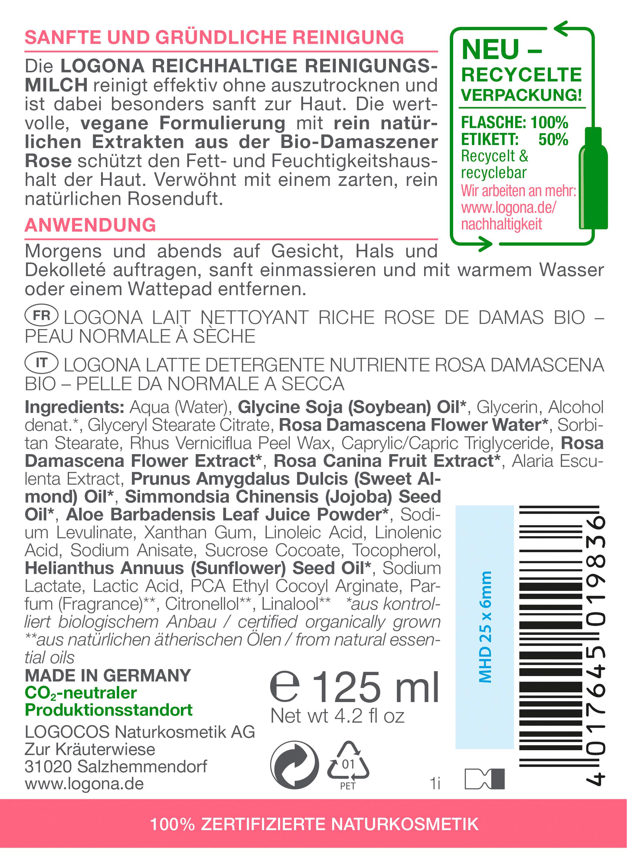Produktbild LOGONA MOISTURE Reichhaltige Reinigungsmilch Bio-Damaszener Rose 2 von 2