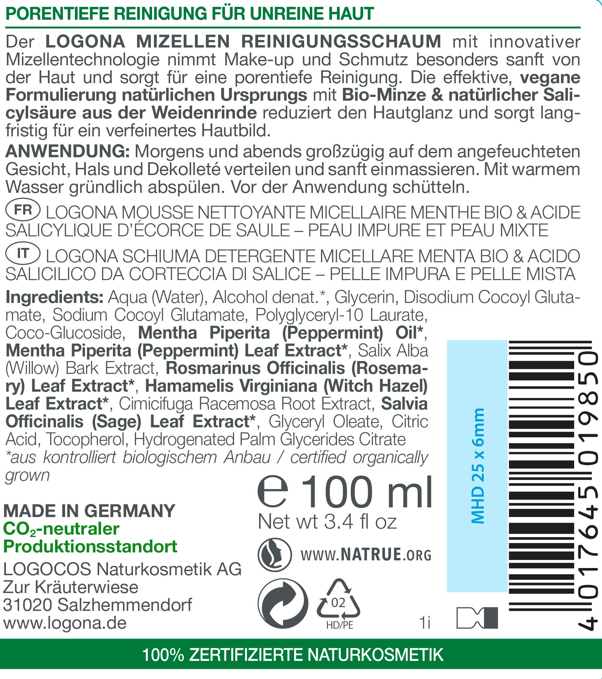 Produktbild LOGONA PURIFY Mizellen Reinigungsschaum Bio-Minze&Salicylsäure aus der Weidenrinde 2 von 2