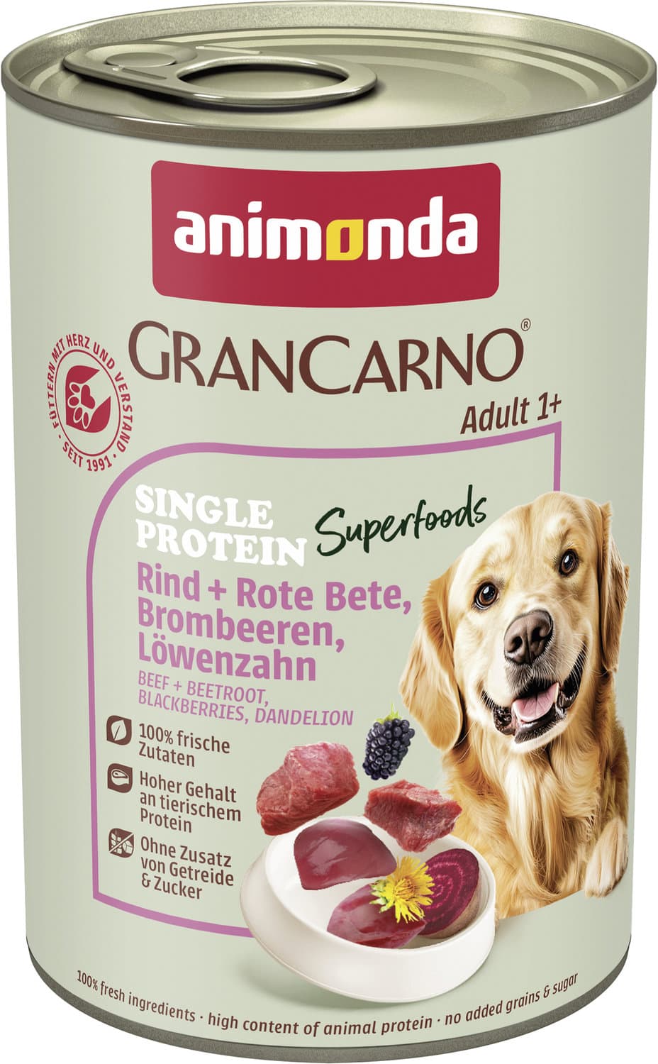 ANIMONDA Hundenassfutter GranCarno Adult Superfoods Rind + Rote Beete, Brombeeren, Löwenzahn
