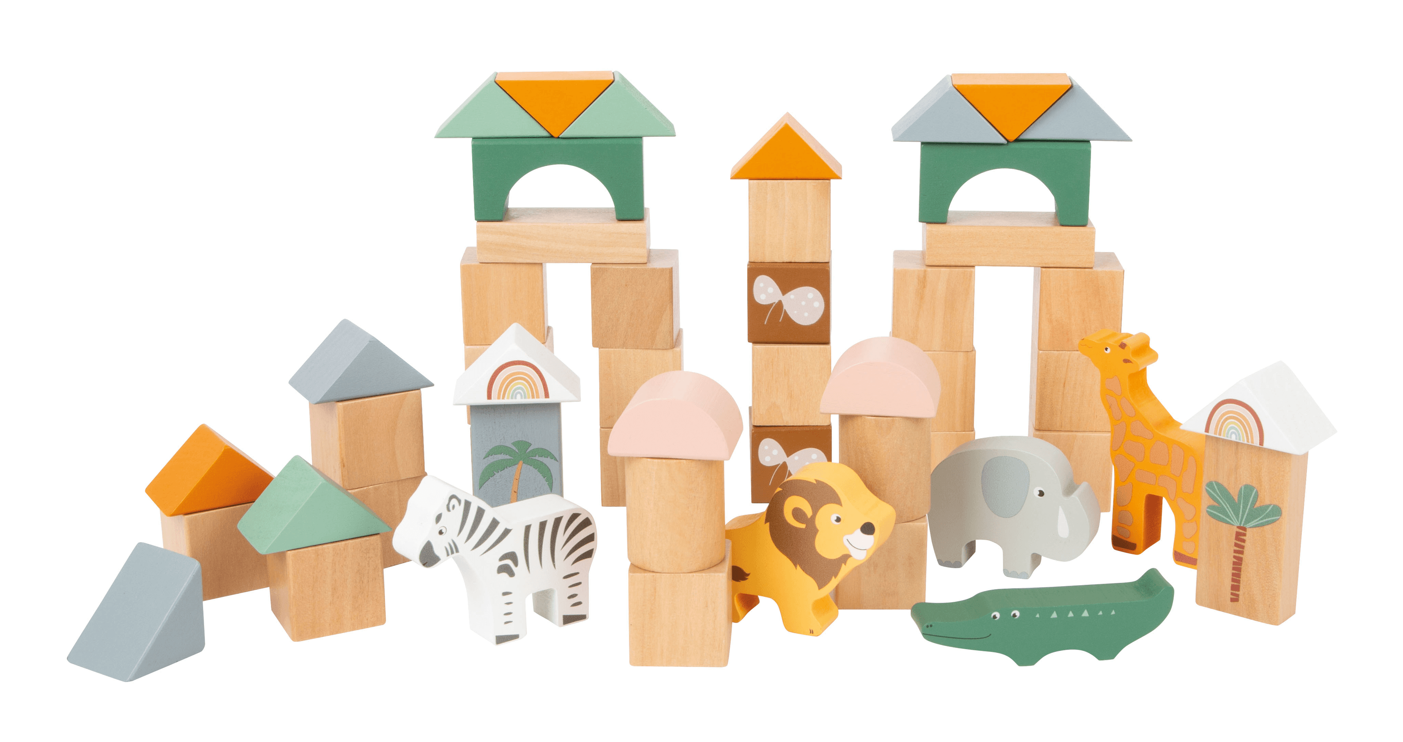 small foot Holzbausteine Safari, 50-teiliges Holz-Bauset mit Tierfiguren und Aufbewahrungsbox