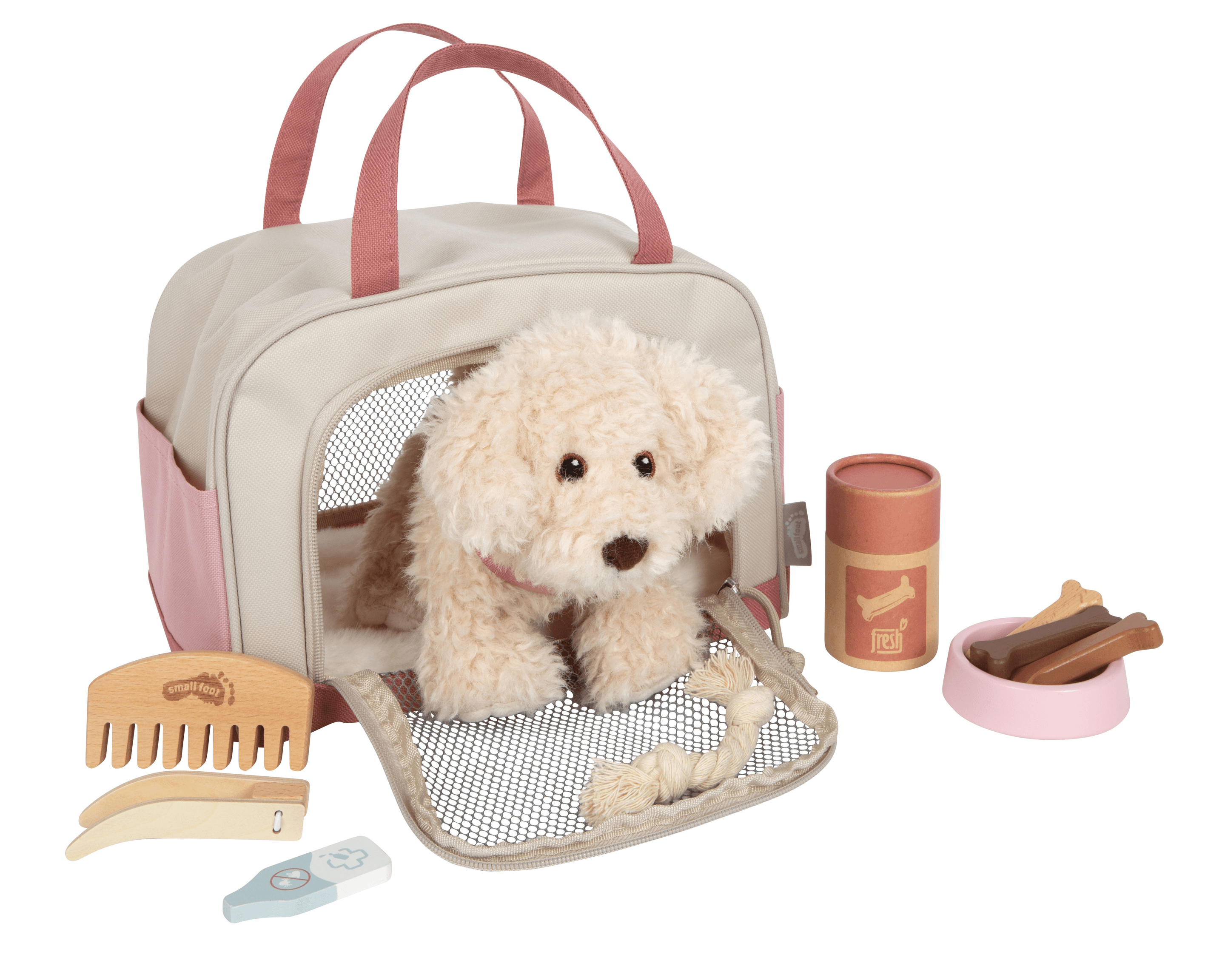 small foot Hund mit Tasche und Pflege-Set rosa, 14-teiliges Rollenspielset ab 2 Jahren