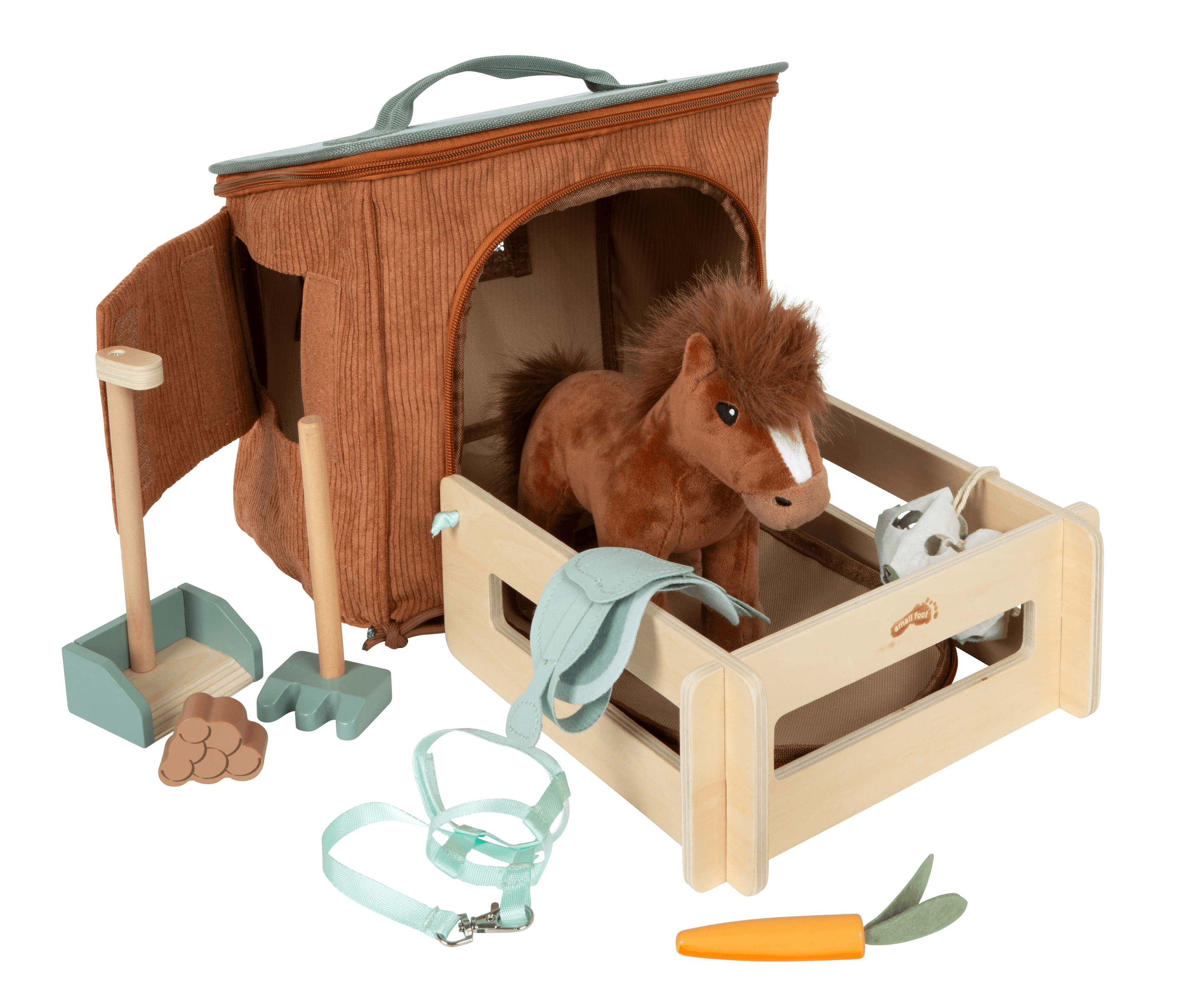 small foot Pferd mit Stall und Zubehör in der Tasche, Rollenspielset ab 2 Jahren