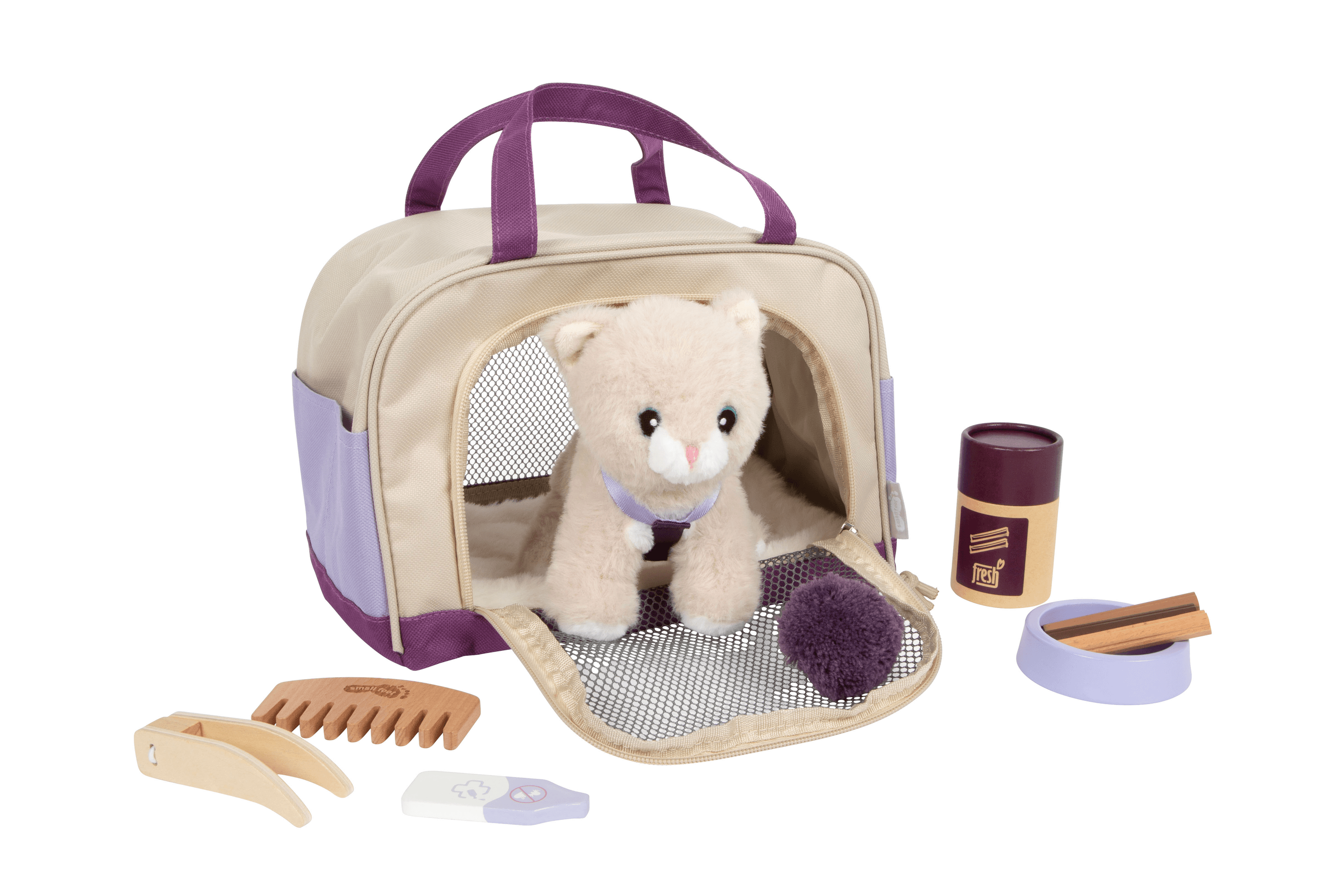 small foot Katze mit Tasche und Pflege-Set lila, Haustier-Rollenspielset ab 2 Jahren