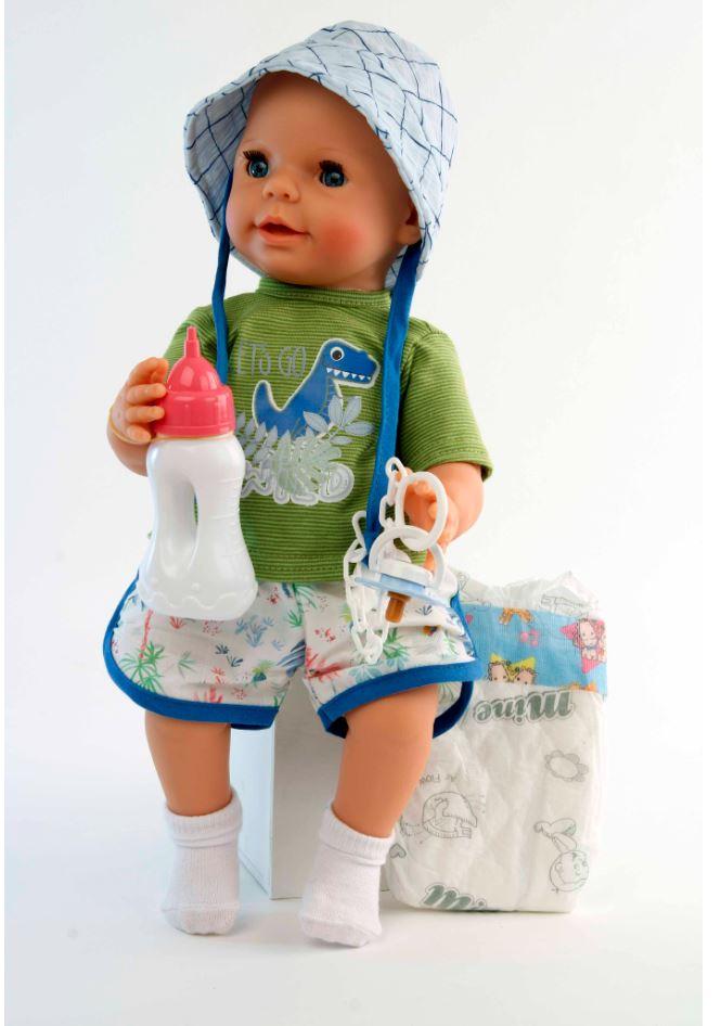 Produktbild Schildkröt-Puppen Trink + Näßbaby"Finn"40 cm mit Malhaar und blauen Schlafaugen, Kleidung g weiss/grün/blau 4 von 5