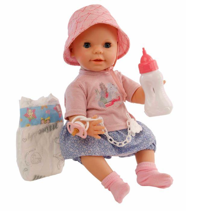 Schildkröt-Puppen Trink + Näßbaby"Lina"40 cm mit Malhaar und blauen Schlafaugen, Kleidung rose/bleu