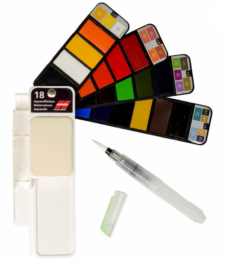 Aquarellfarben-Set mit 18 Farbtönen im Fächer + Wasserpinsel