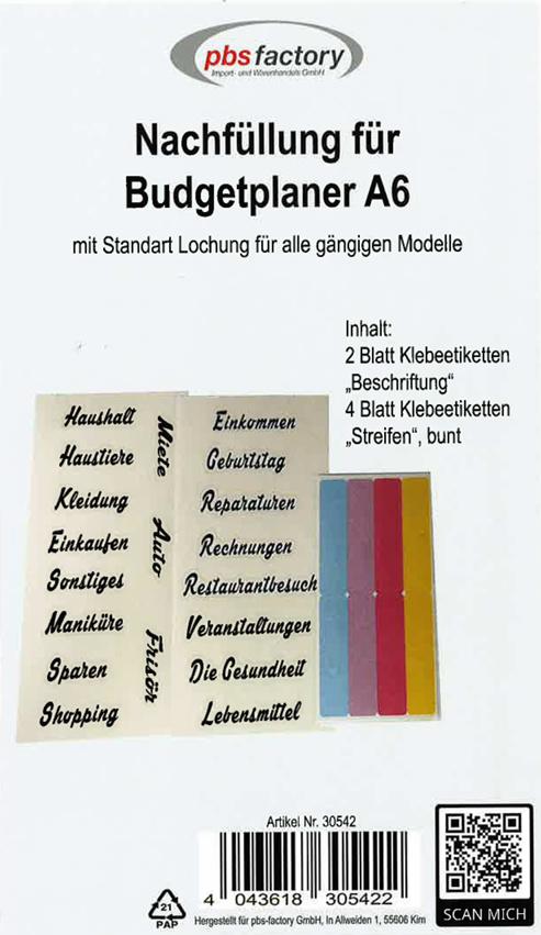 Nachfüllung für Budget-Planer A6 Etiketten
