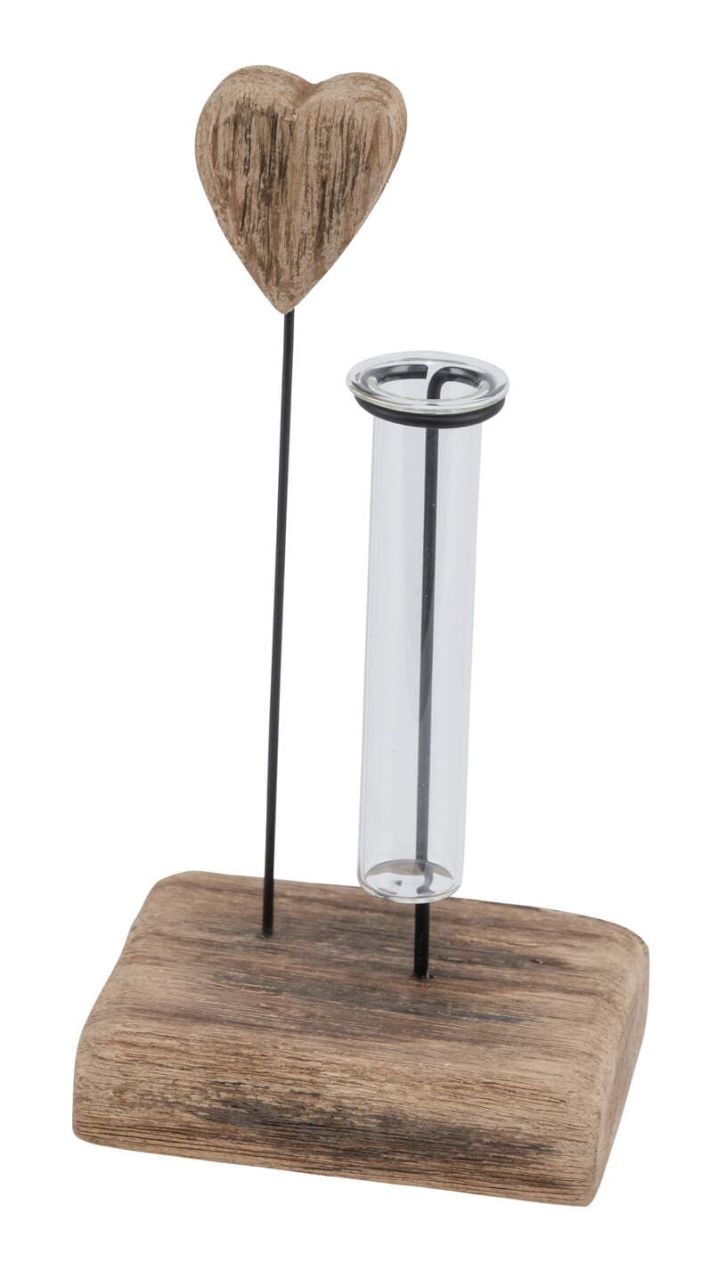 Holzherz auf Fuß mit Glasvase