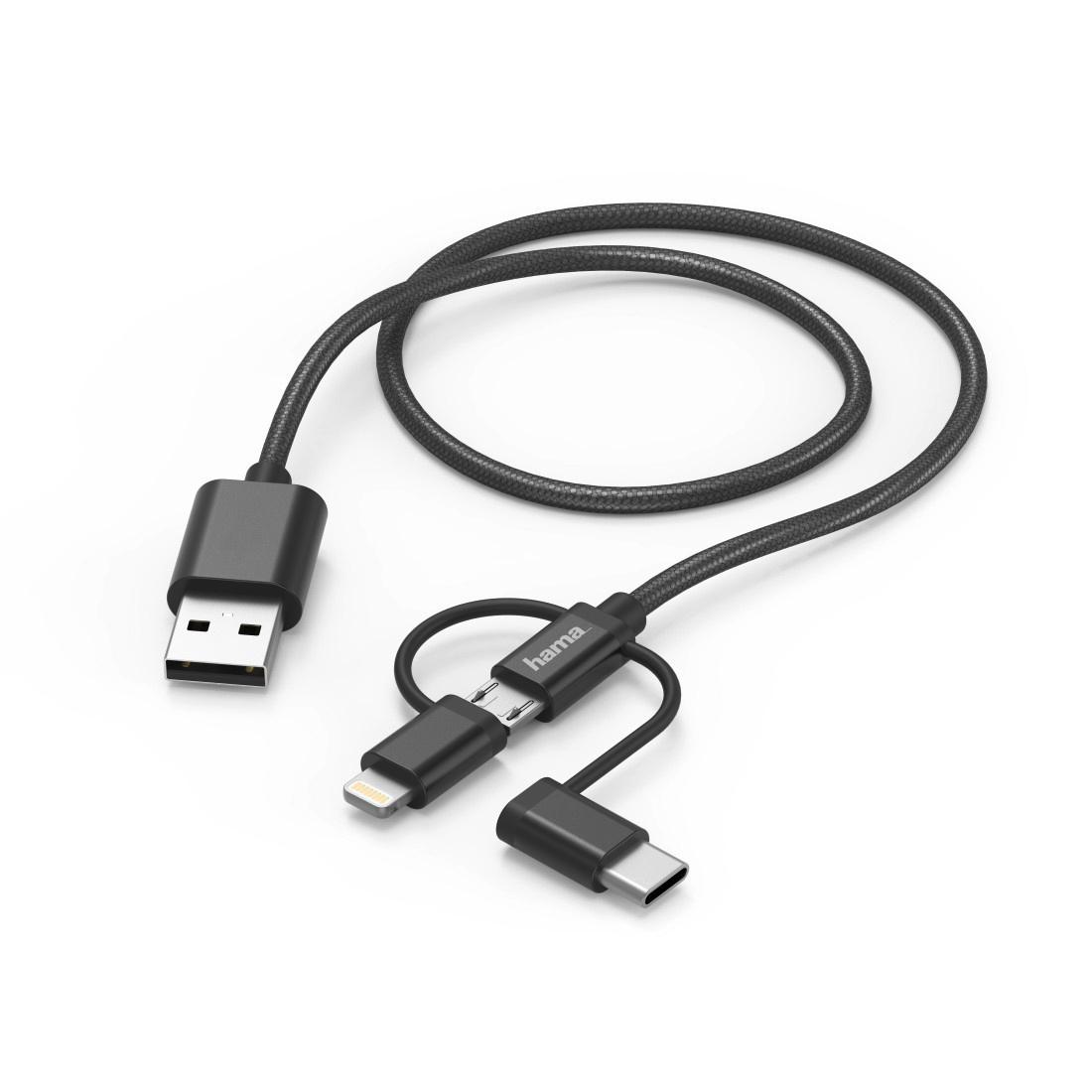 Produktbild HAMA 3in1 Multi-Ladekabel, USB-A - Micro-USB, USB-C u. Lightning, 1,5 m, Schwarz 2 von 2