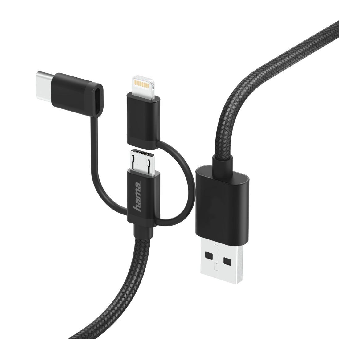HAMA 3in1 Multi-Ladekabel, USB-A - Micro-USB, USB-C u. Lightning, 1,5 m, Schwarz