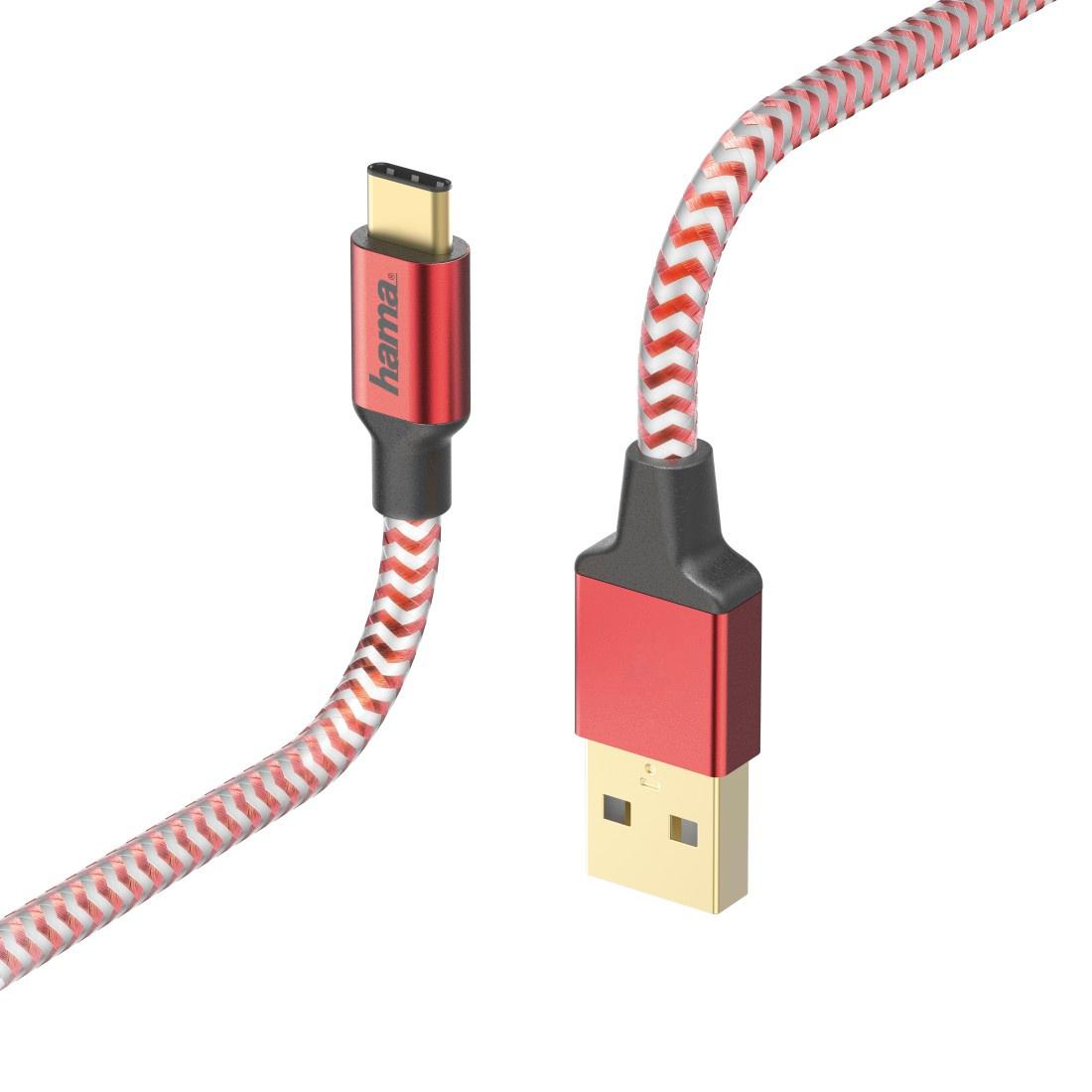 HAMA Ladekabel"Reflective", USB-A - USB-C, 1,5 m, Nylon, Rot