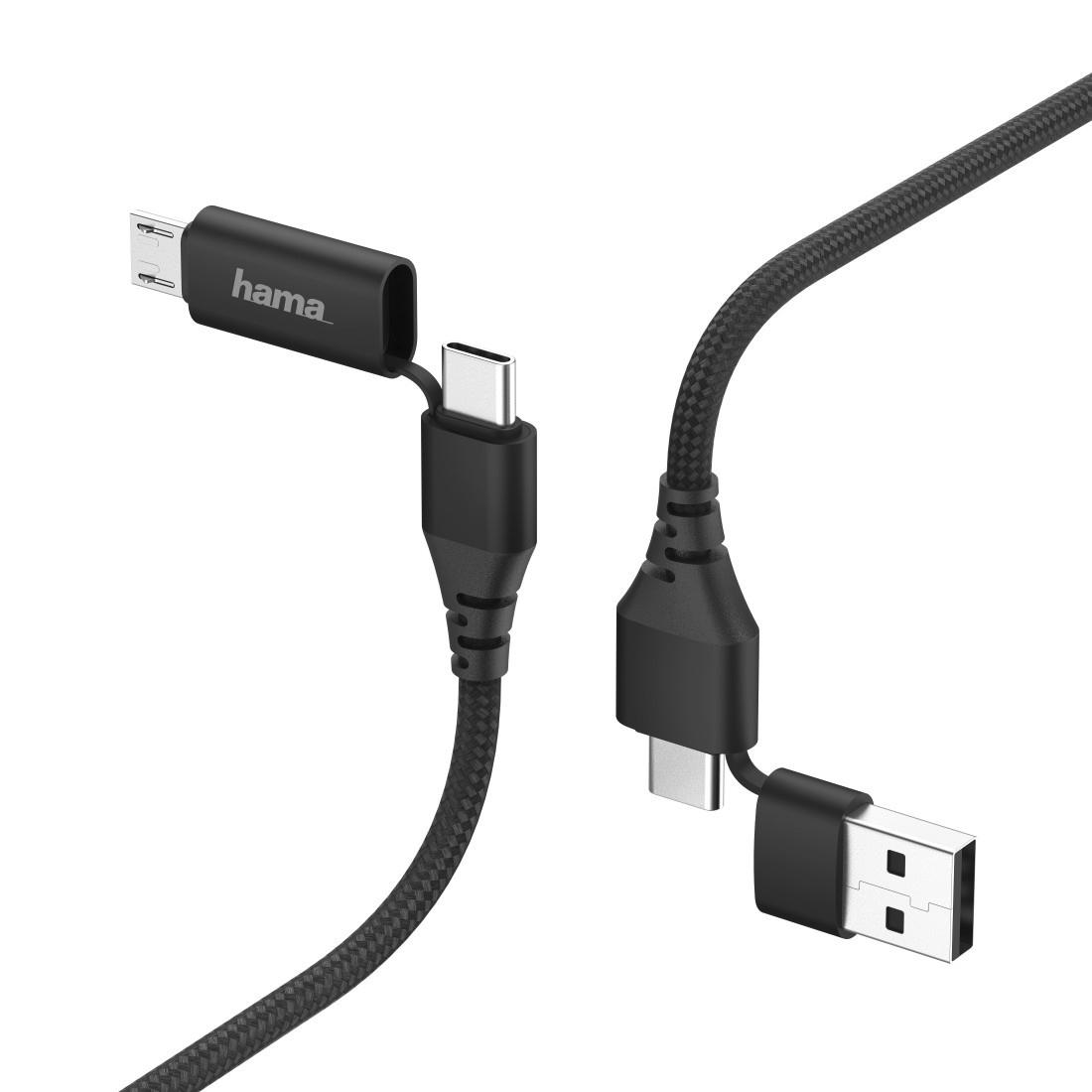 HAMA 4in1 Multi-Ladekabel, USB-C und USB-A - USB-C und Micro-USB, 1,5 m, Schwarz