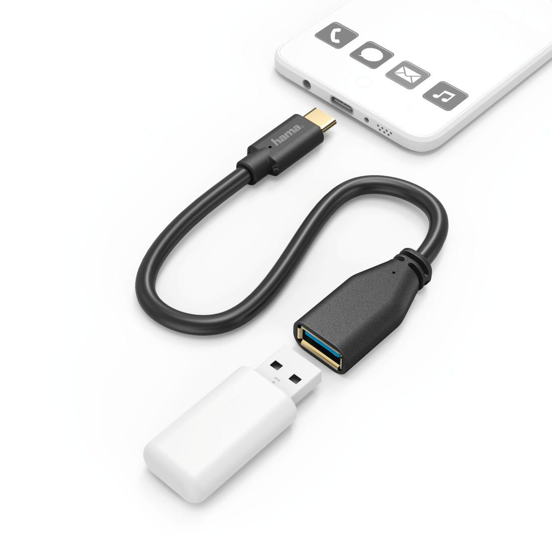 HAMA USB-Adapterkabel, OTG, USB-C-Stecker - USB-A-Buchse, 15 cm, Schwarz