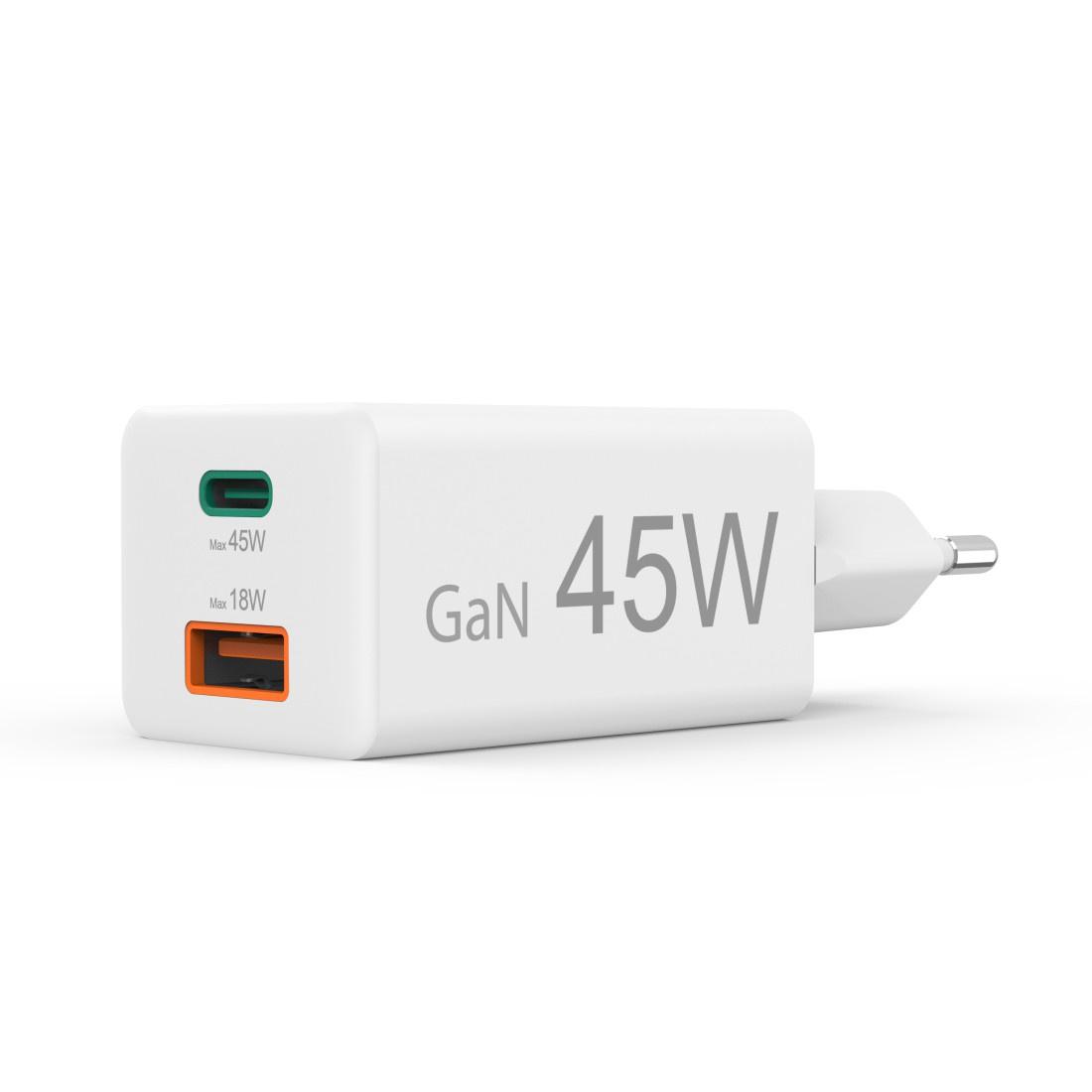 Produktbild HAMA Schnellladegerät, 1x USB-C PD, 1x USB-A QC, Mini-Ladegerät, 45 W, Weiß 3 von 3