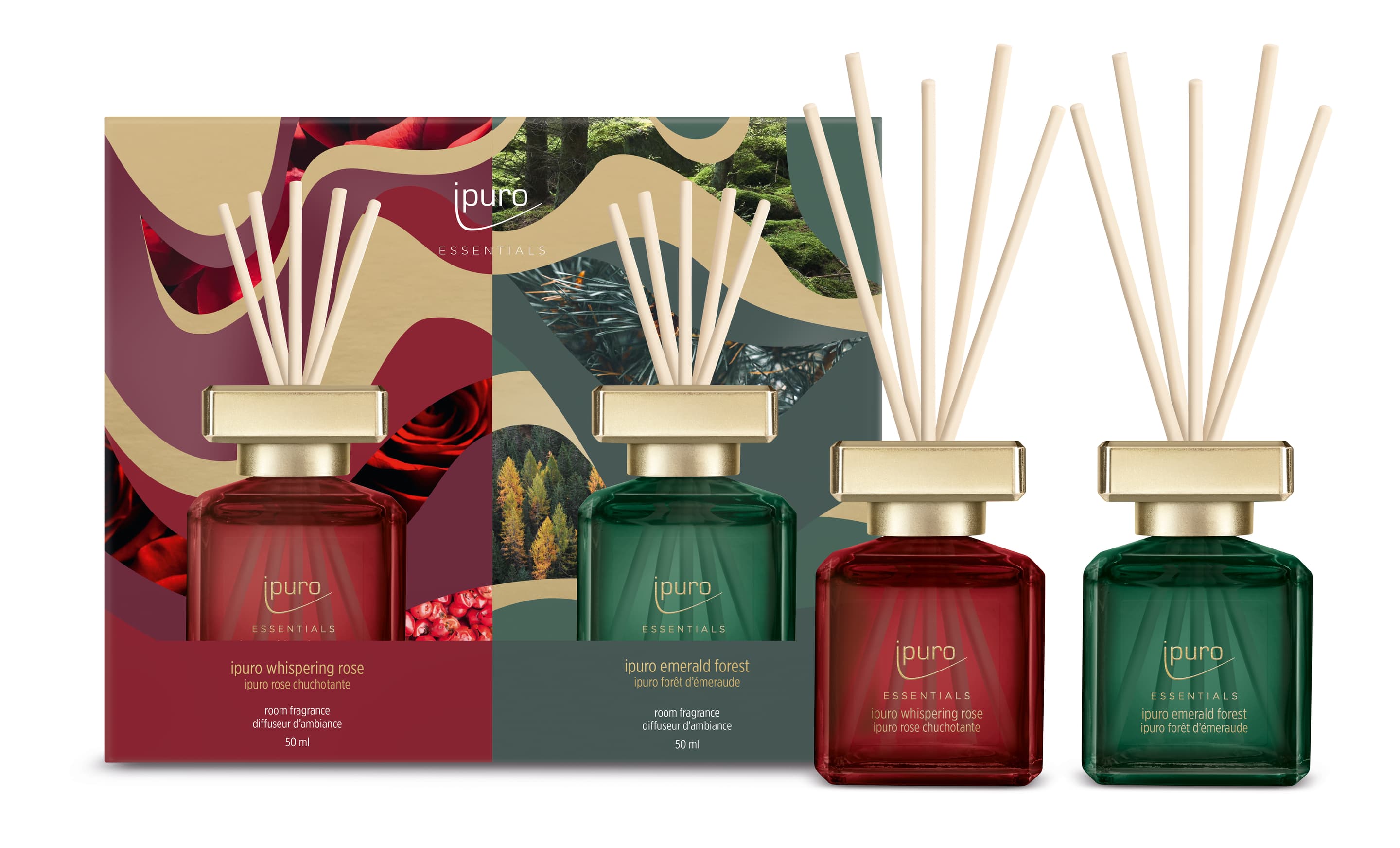 Ipuro ESSENTIALS whispering rose & emerald forest Raumduft Set 