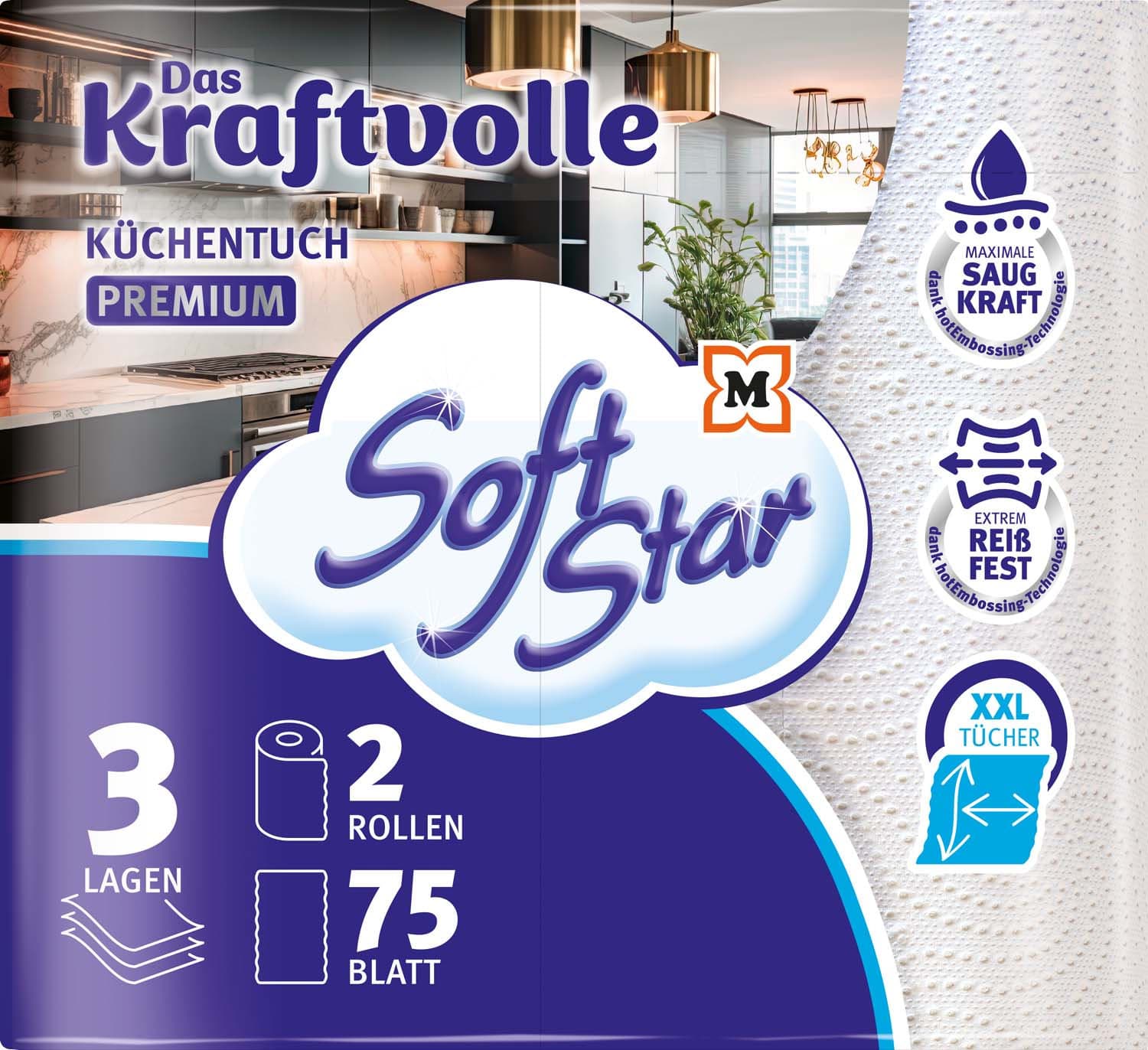 SoftStar Küchentücher Das Kraftvolle Premium 3-lagig 2x75 Stück