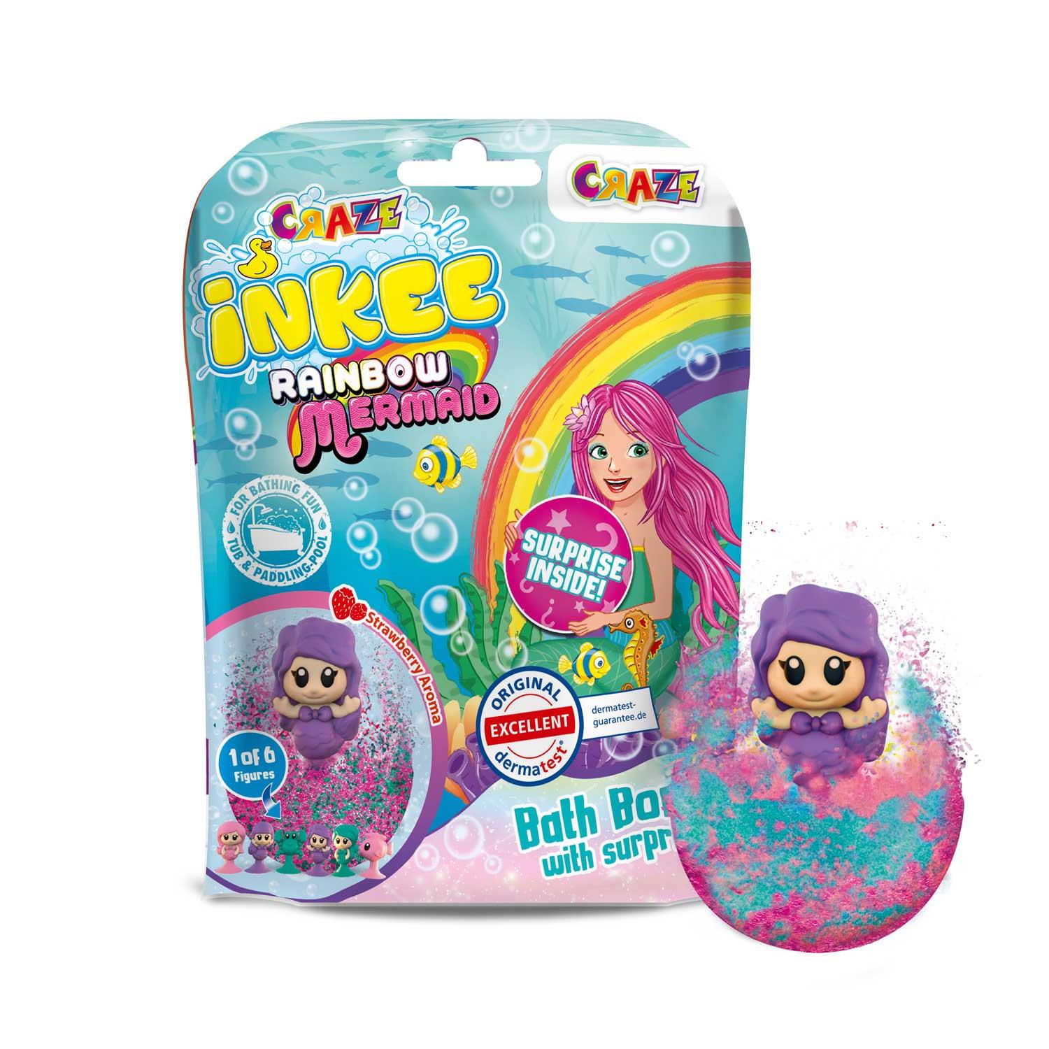 CRAZE - INKEE Mermaid Badekugel mit Erdbeerduft - mit Überraschung (1 von 6 Saugnapf-Figuren)