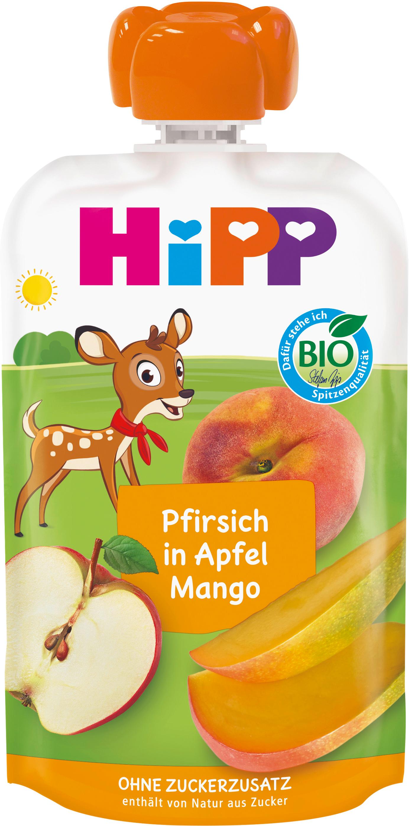 HiPP HiPPis im Quetschbeutel: Pfirsich in Apfel-Mango ohne Zuckerzusatz