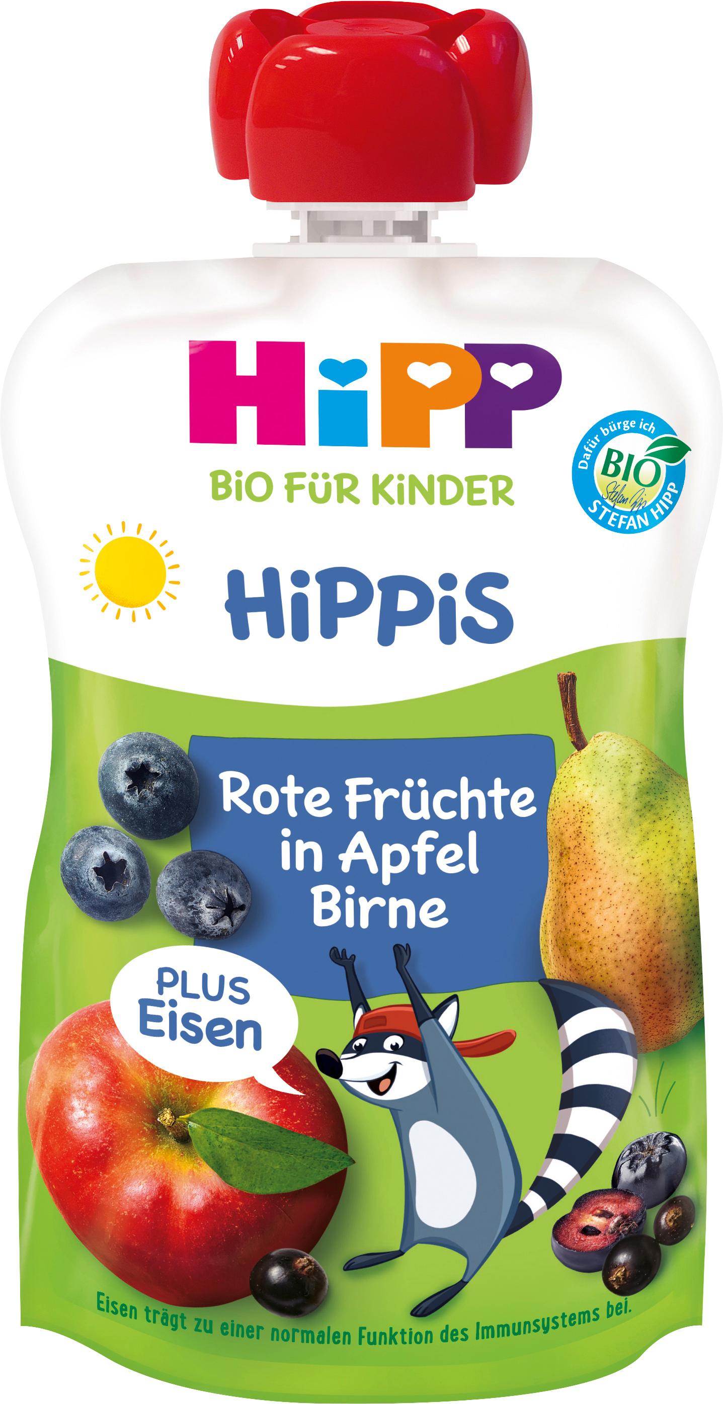 HiPP Bio für Kinder HiPPiS Frucht Plus Rote Früchte in Apfel Birne plus Eisen