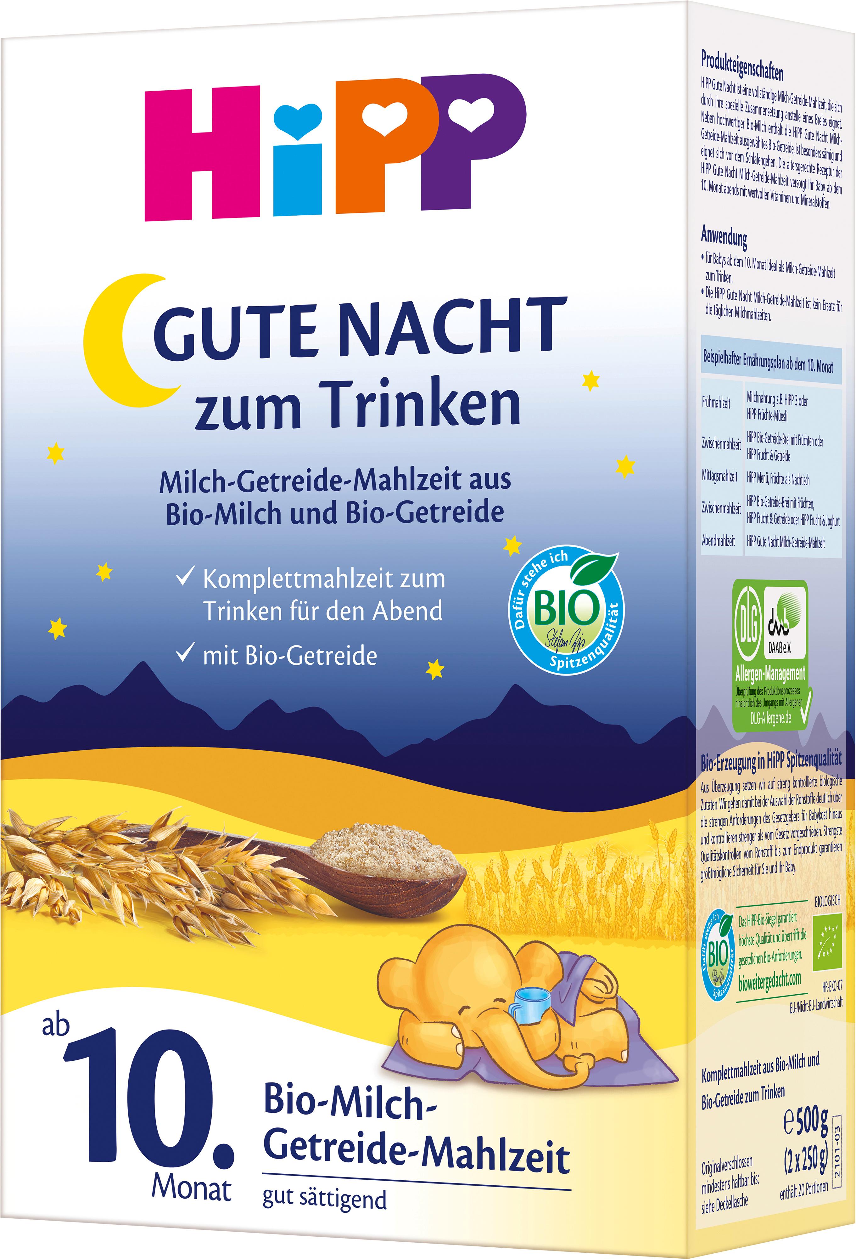 Produktbild HiPP Bio Milch-Getreide-Mahlzeit Gute-Nacht zum Trinken 2 von 3