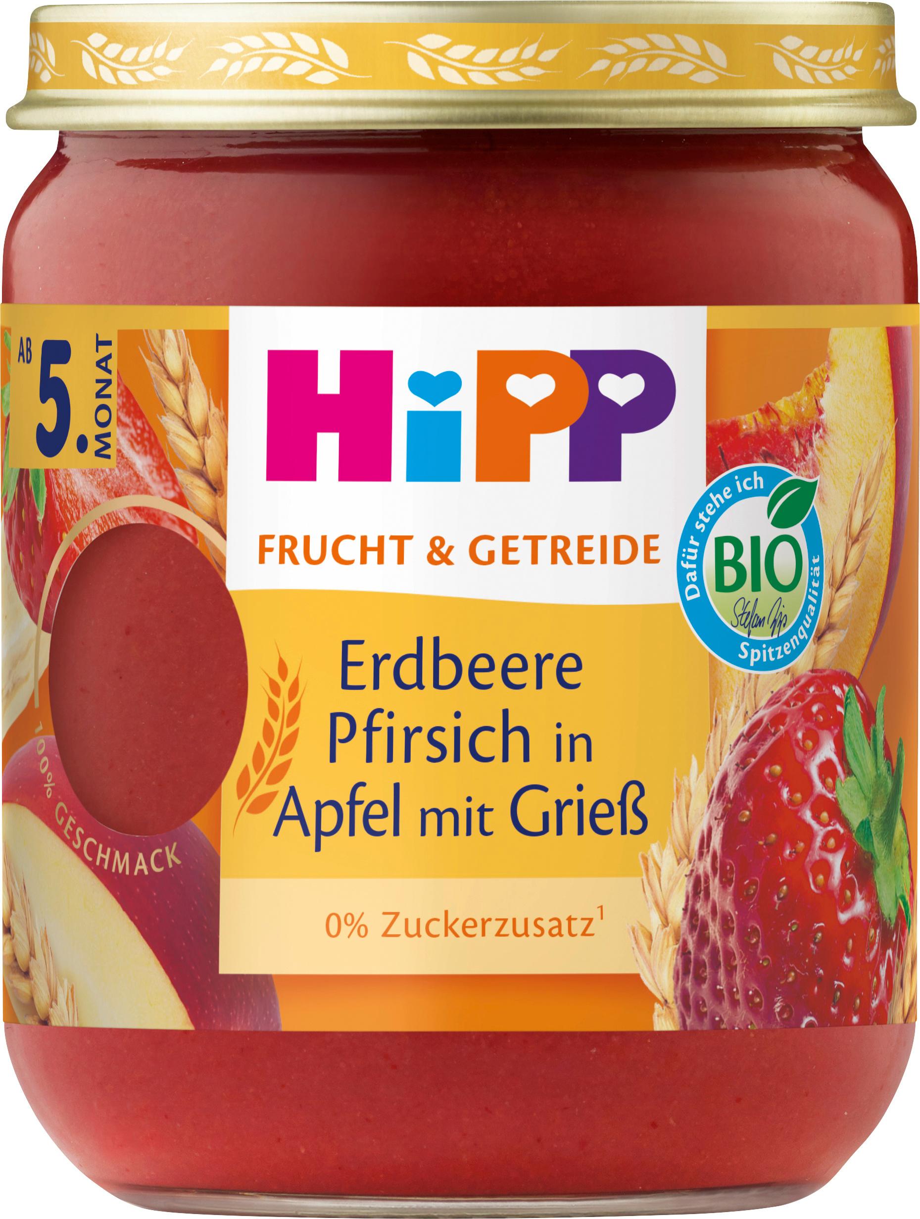 HiPP Bio Frucht und Getreide Erdbeere Pfirsich in Apfel mit Grieß