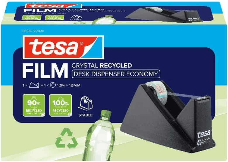 tesa® Tischabroller mit tesafilm CRYSTAL RECYCLED 10m x 19mm