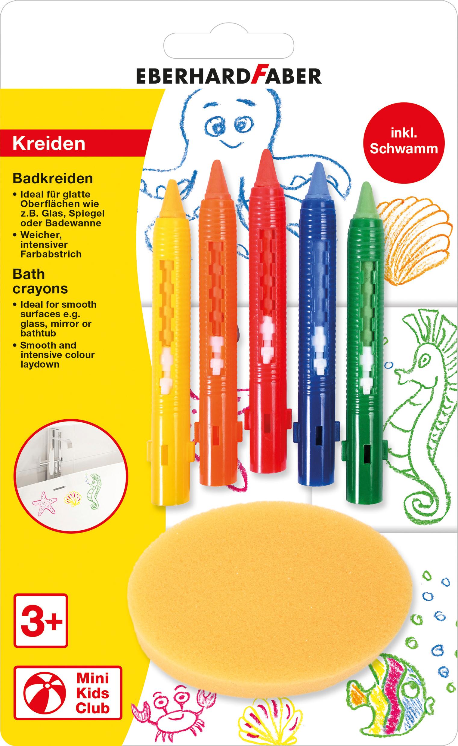EBERHARD FABER Mini Kids Badkreiden mit Schiebehülse, 5 Farben + Schwamm