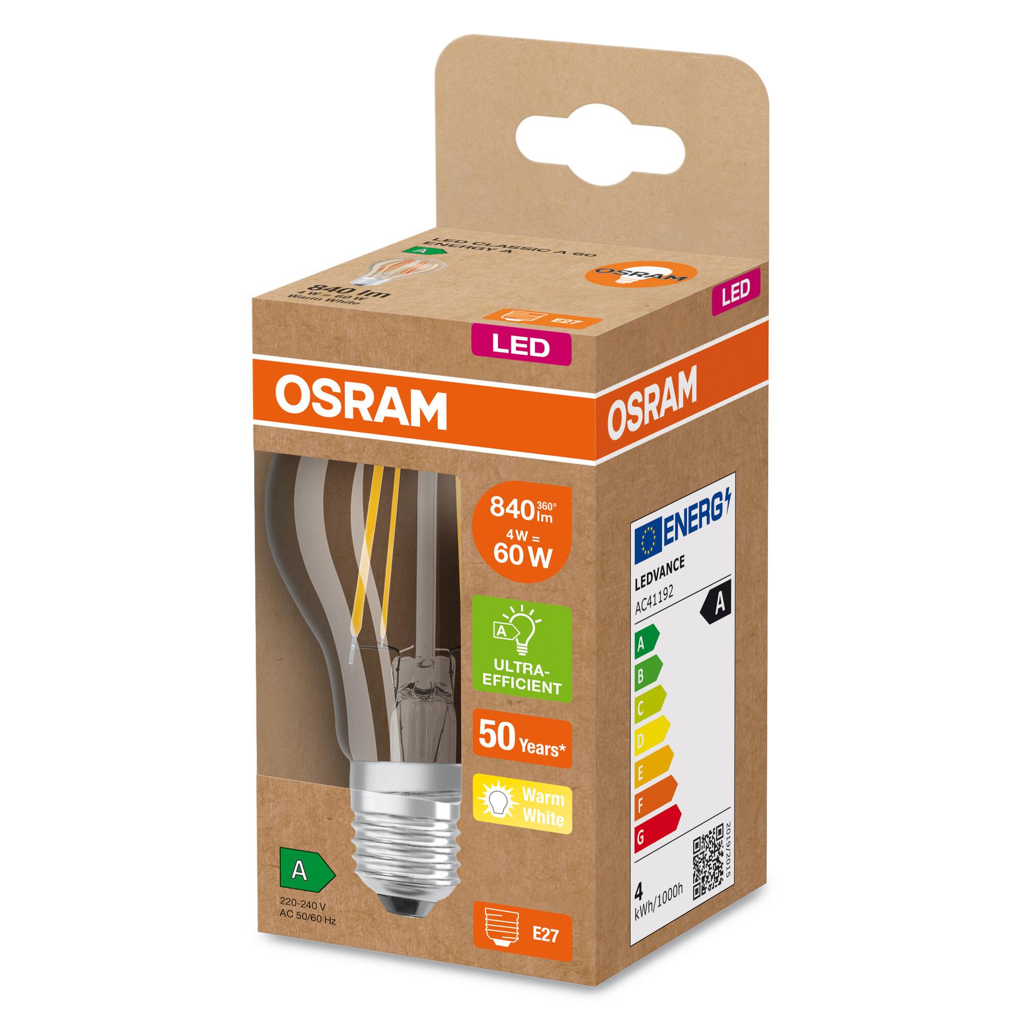 Produktbild OSRAM Led Lamps Energy Class A Energy Efficiency Filament Classic A 60 CL 4 Watt/3000 K E27 Fil 2 von 5