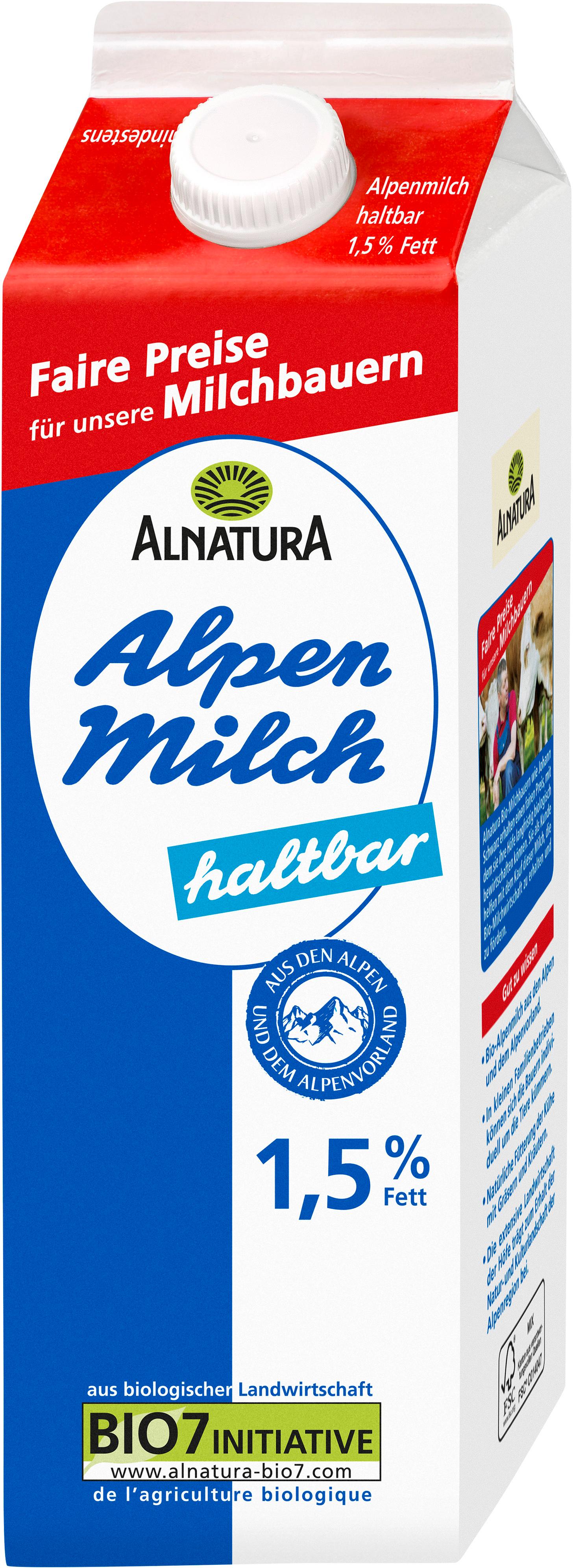 Alnatura Bio Haltbare fettarme Alpenmilch 1,5% Fett