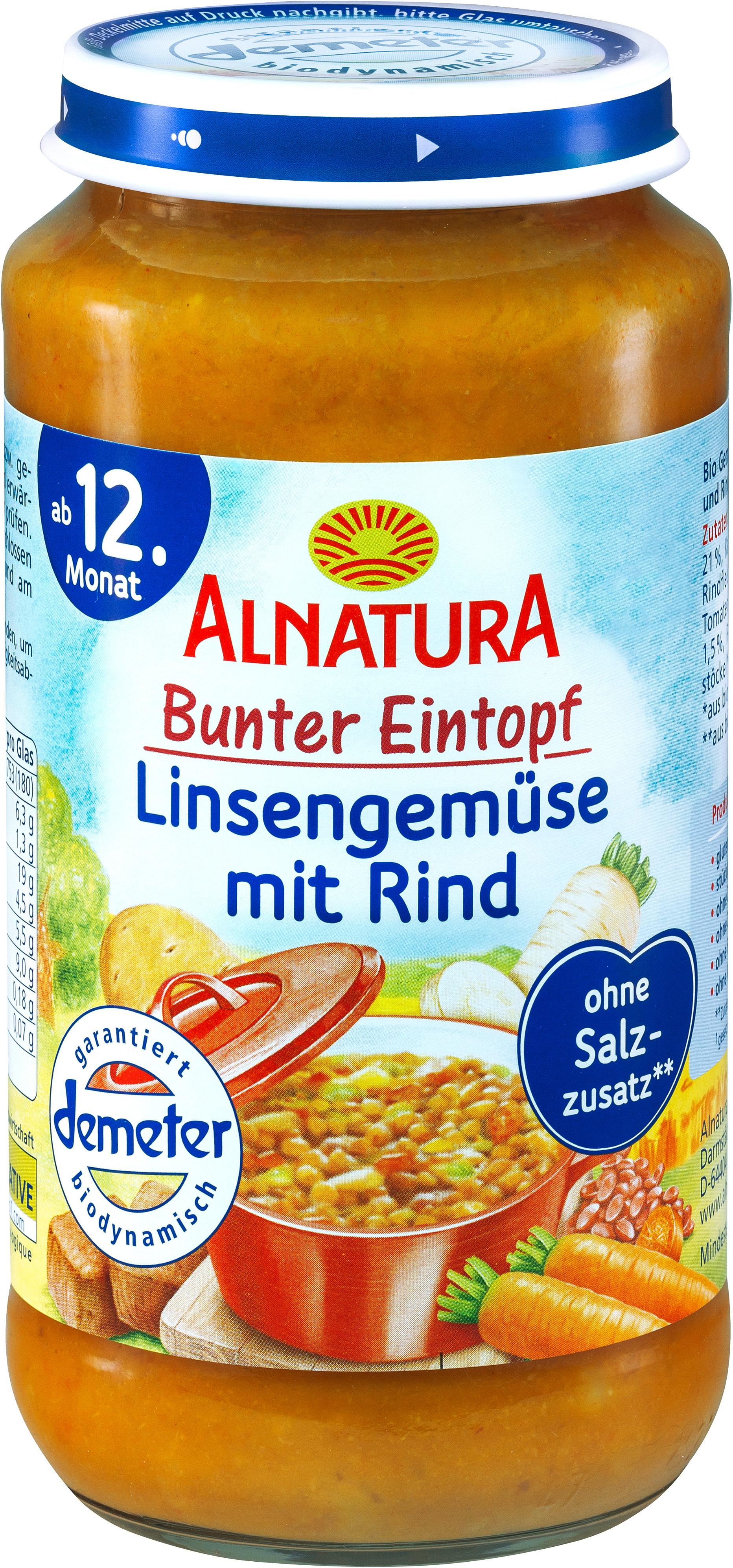 Alnatura Bio Bunter Eintopf: Linsengemüse-Rind, Babygläschen (ab 12. Mon.)
