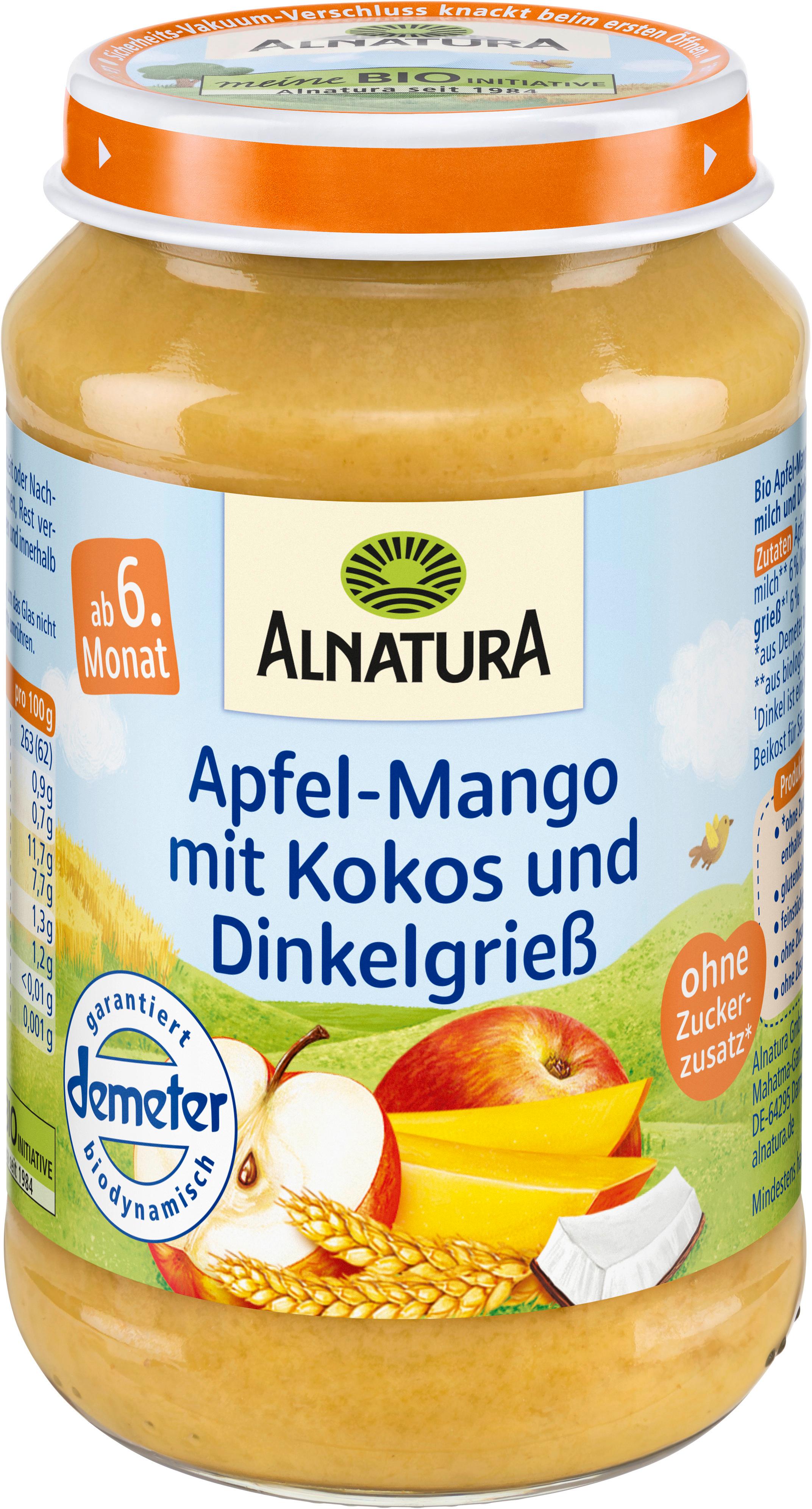 Alnatura Bio Apfel-Mango mit Kokos und Dinkelgrieß, Babygläschen (ab 6. Mon.)