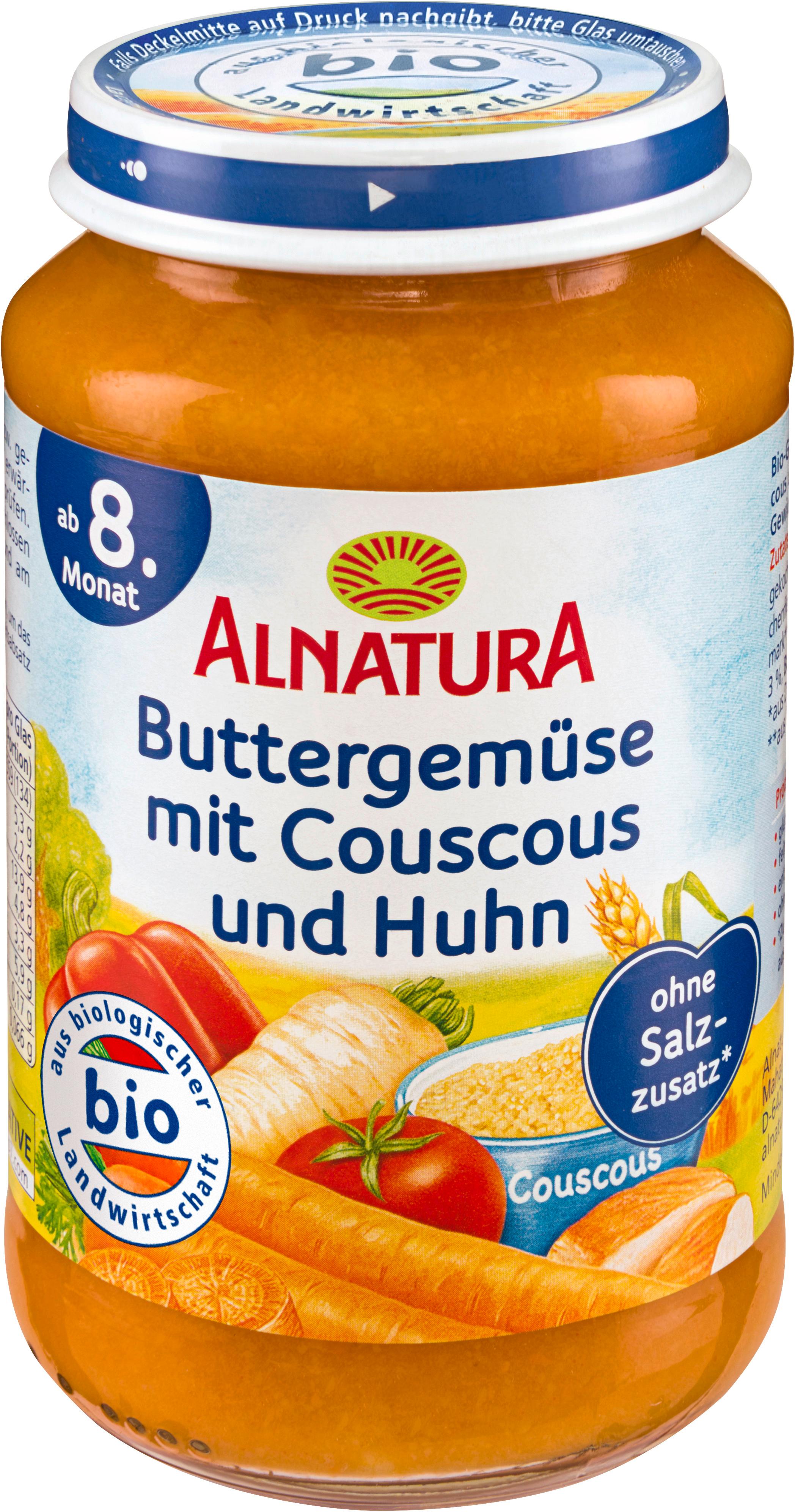 Alnatura Bio Buttergemüse-Couscous mit Huhn, Babygläschen (ab 8. Mon.)