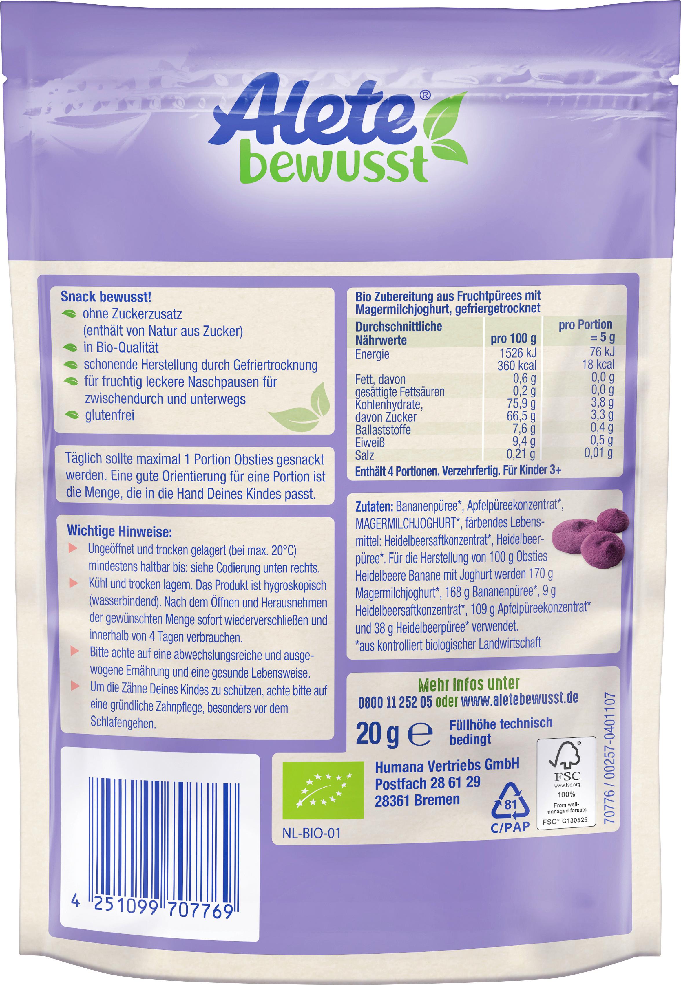 Produktbild ALETE bewusst Bio Obsties Heidelbeere Banane mit Joghurt 2 von 2