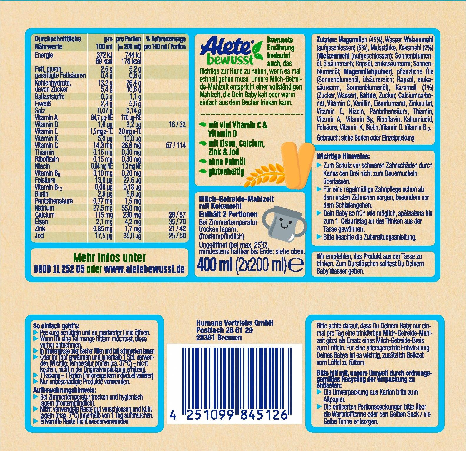 Produktbild ALETE Milch-Getreide-Mahlzeit Keks ab 10. Monat 2x200ml 2 von 2