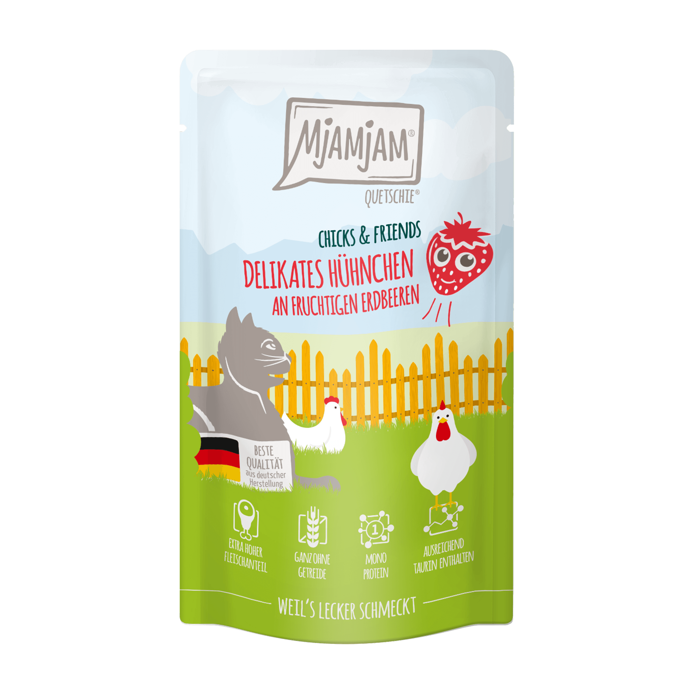 MjAMjAM Katzennassfutter Quetschie Chicks & Friends delikates Hühnchen an fruchtigen Erdbeeren
