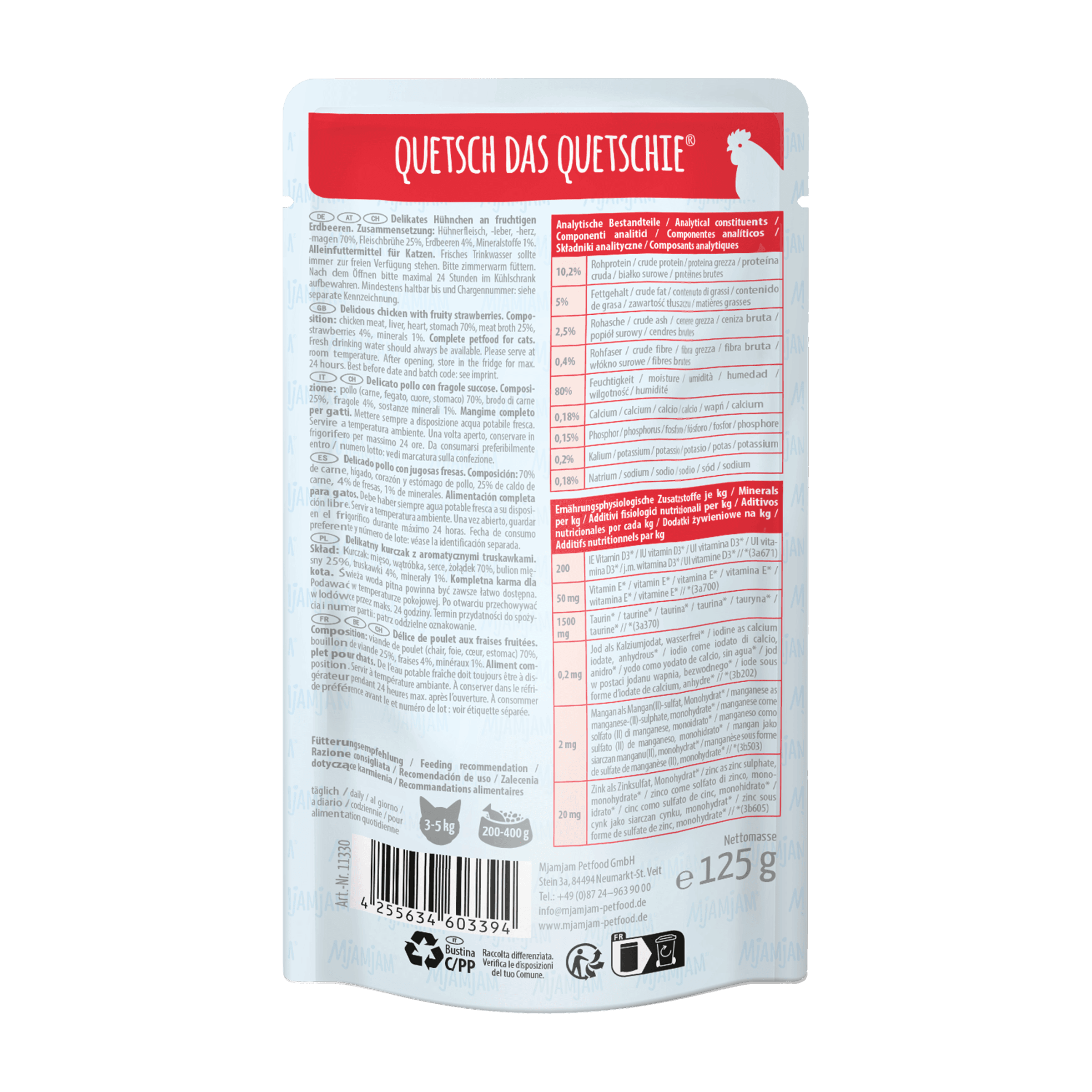 Produktbild MjAMjAM Katzennassfutter Quetschie Chicks & Friends delikates Hühnchen an fruchtigen Erdbeeren 2 von 2