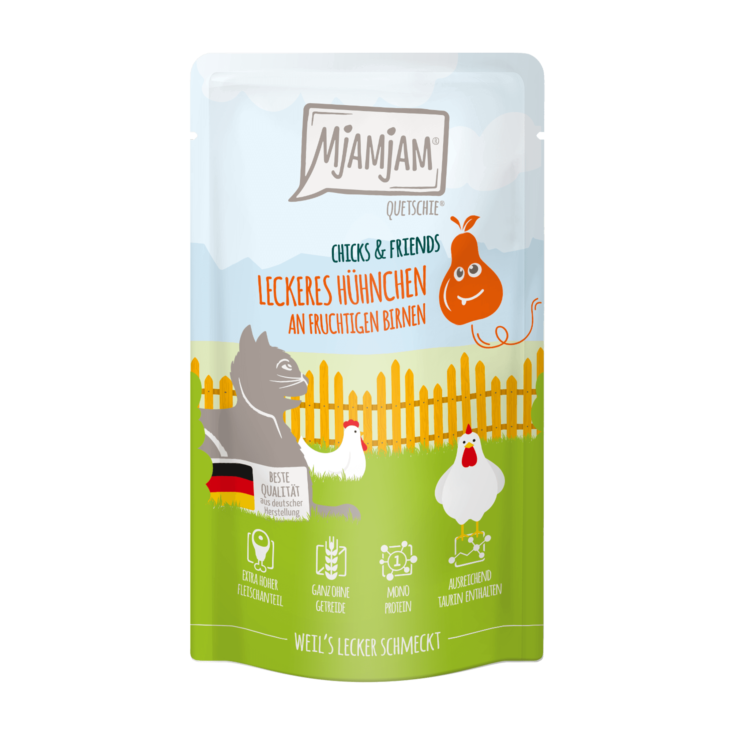 MjAMjAM Katzennassfutter Quetschie Chicks & Friends leckeres Hühnchen an fruchtigen Birnen