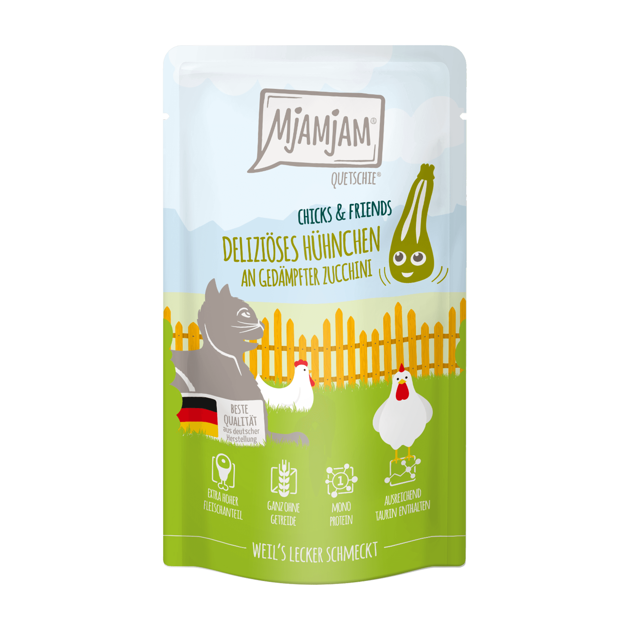 MjAMjAM Katzennassfutter Quetschie Chicks & Friends deliziöses Hühnchen an gedämpfter Zucchini