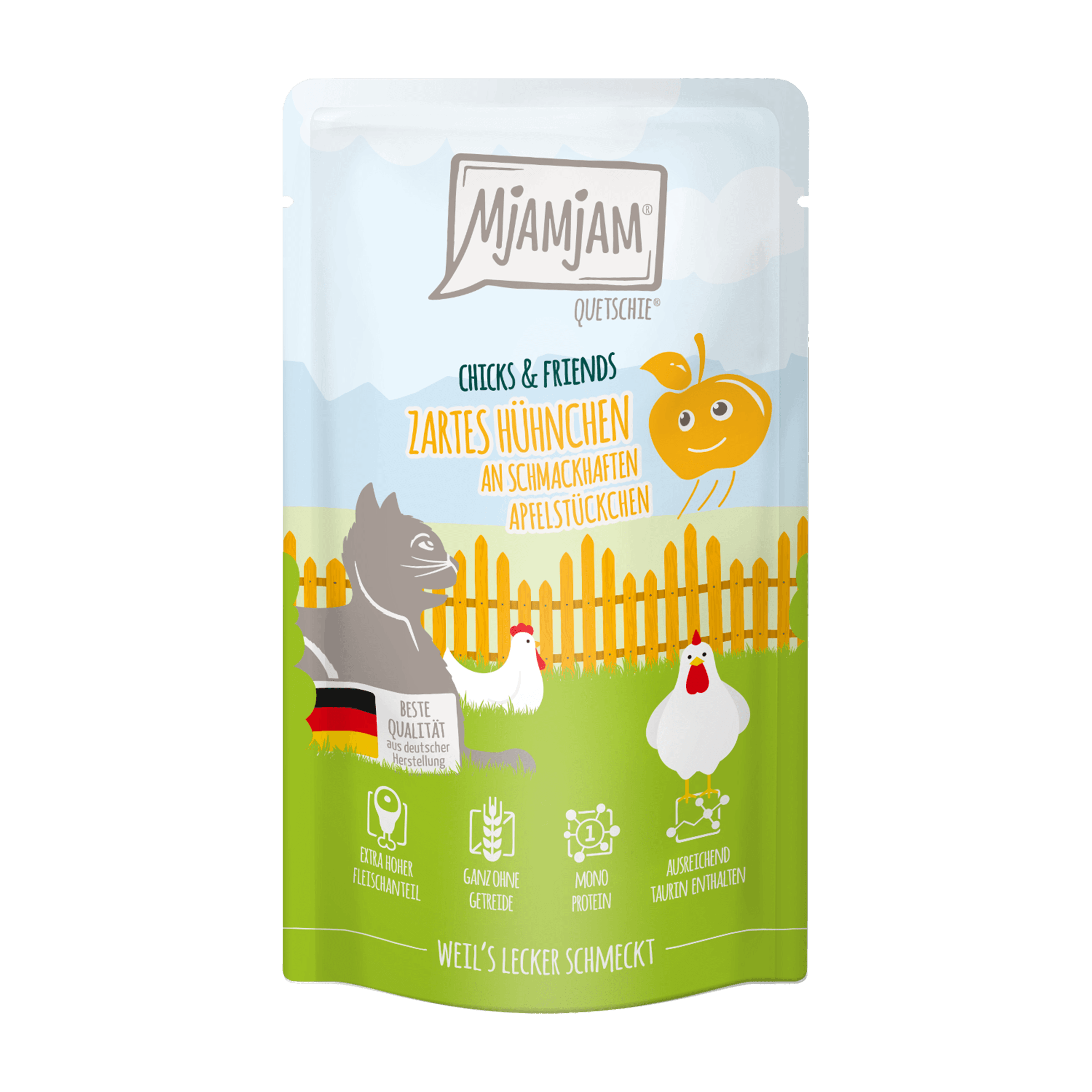 MjAMjAM Katzennassfutter Quetschie Chicks & Friends zartes Hühnchen an schmackhaften Apfelstückchen