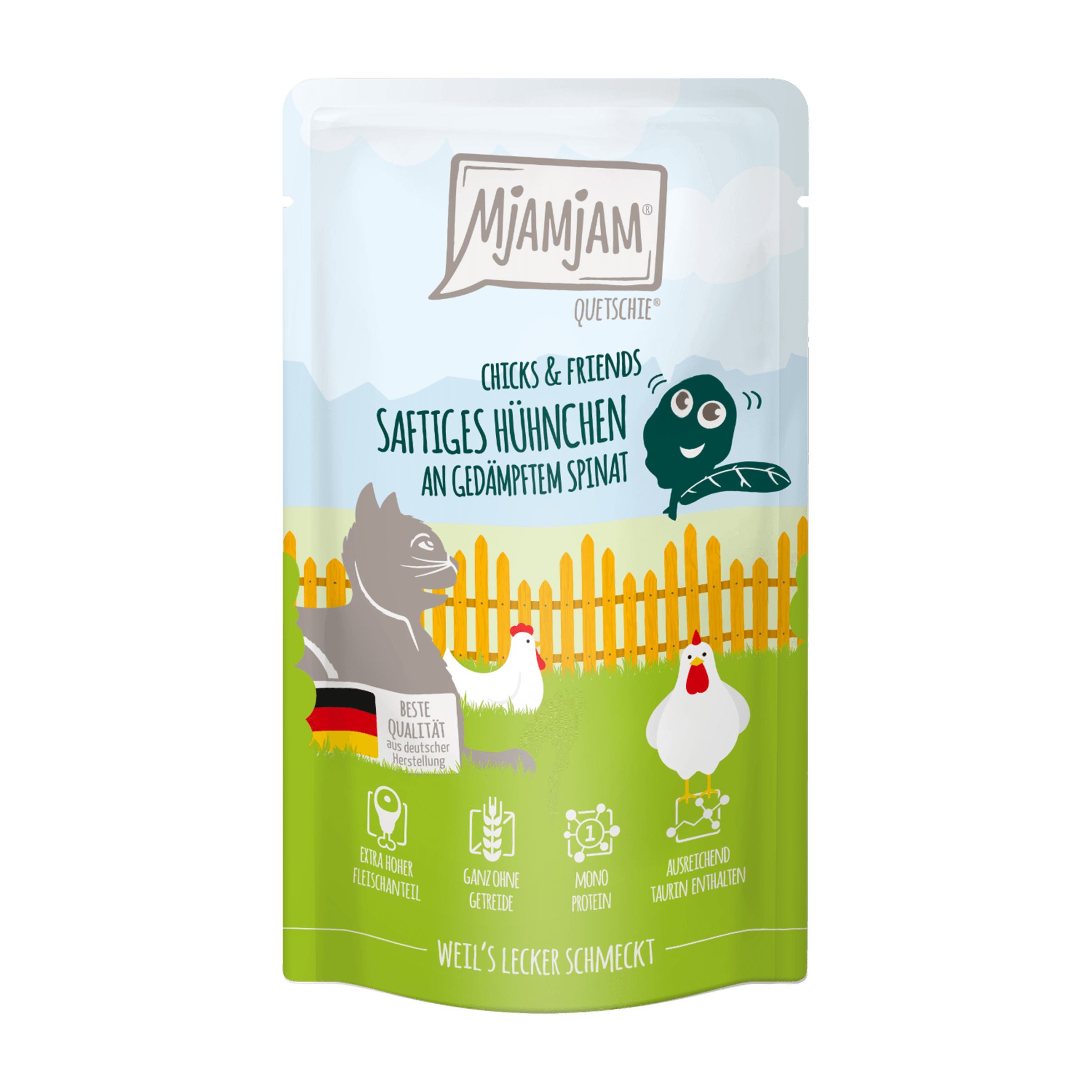 MjAMjAM Katzennassfutter Quetschie Chicks & Friends saftiges Hühnchen an gedämpftem Spinat