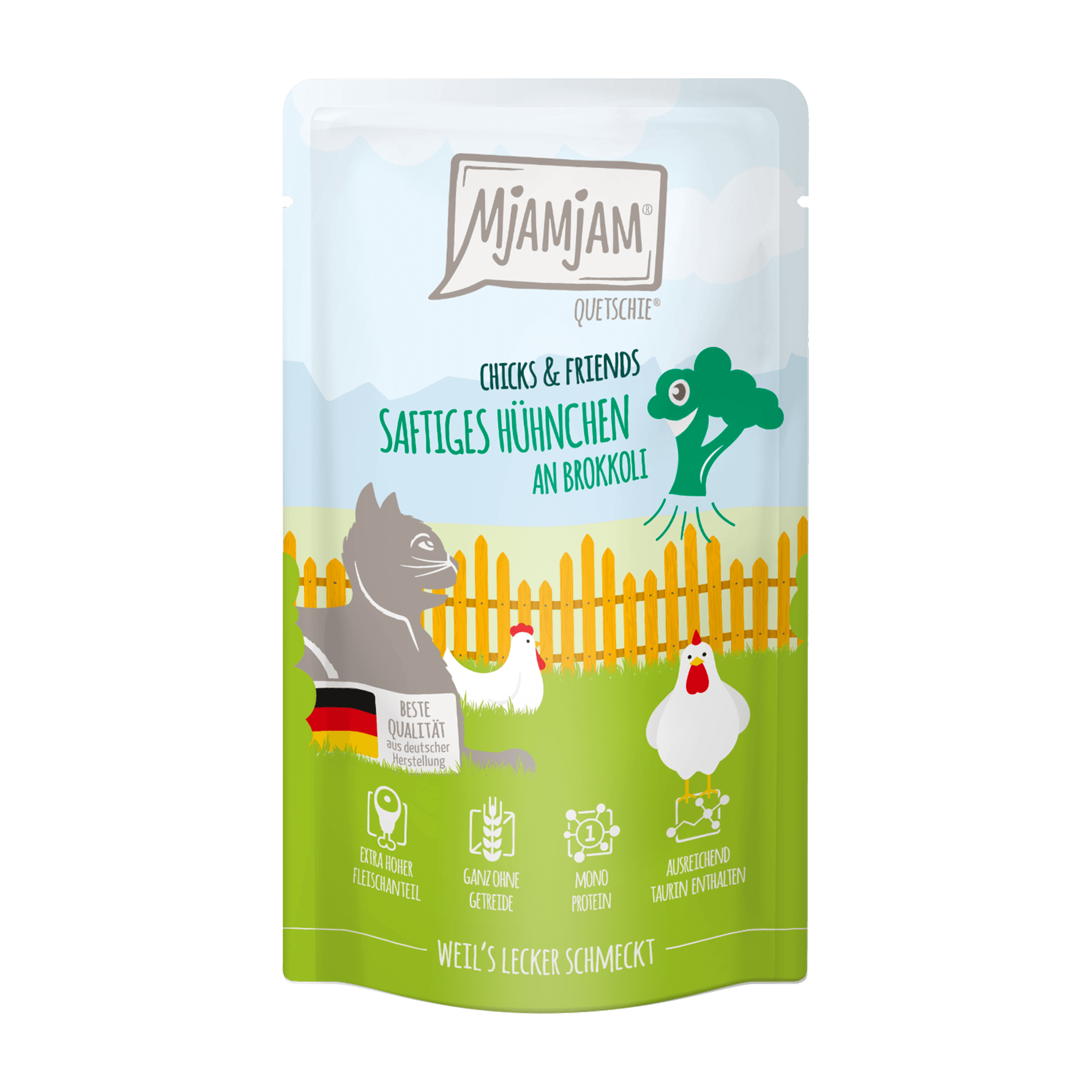 MjAMjAM Katzennassfutter Quetschie Chicks & Friends saftiges Hühnchen an Brokkoli