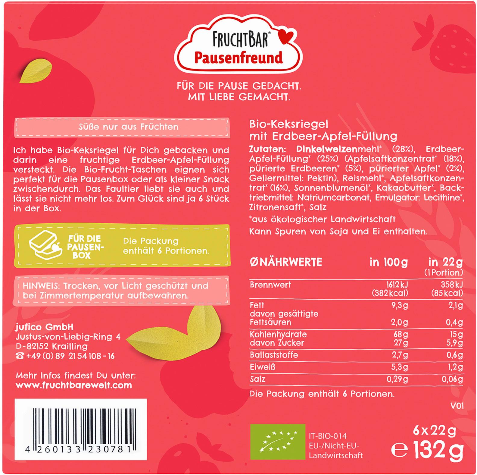 Produktbild FruchtBar Bio Pausenfreund Bio-Frucht-Tasche Dinkel Erdbeere Apfel 2 von 2