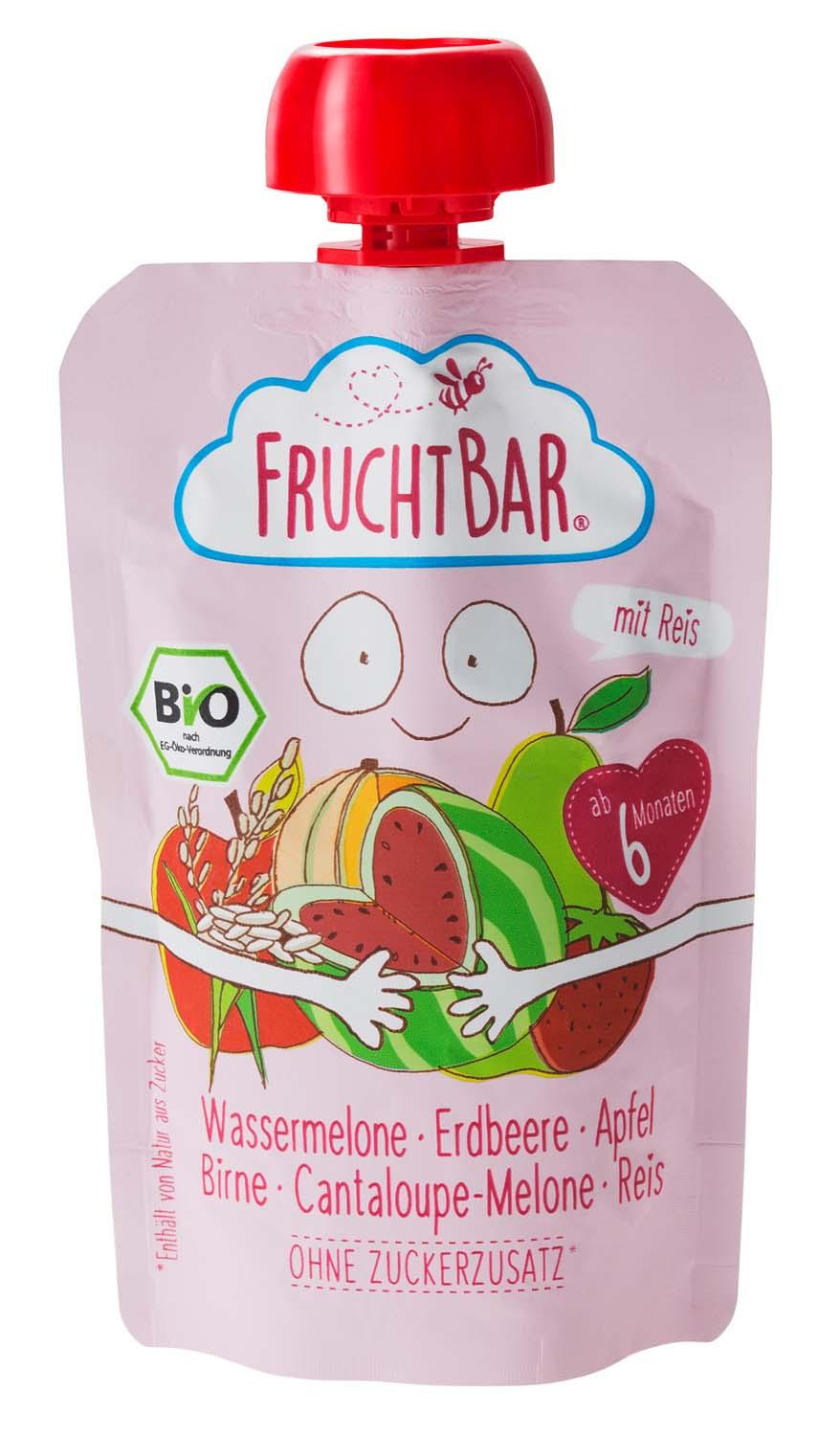 FruchtBar Quetschie Wassermelone, Erdbeere, Apfel, Birne, Cantaloupe-Melone, Reis