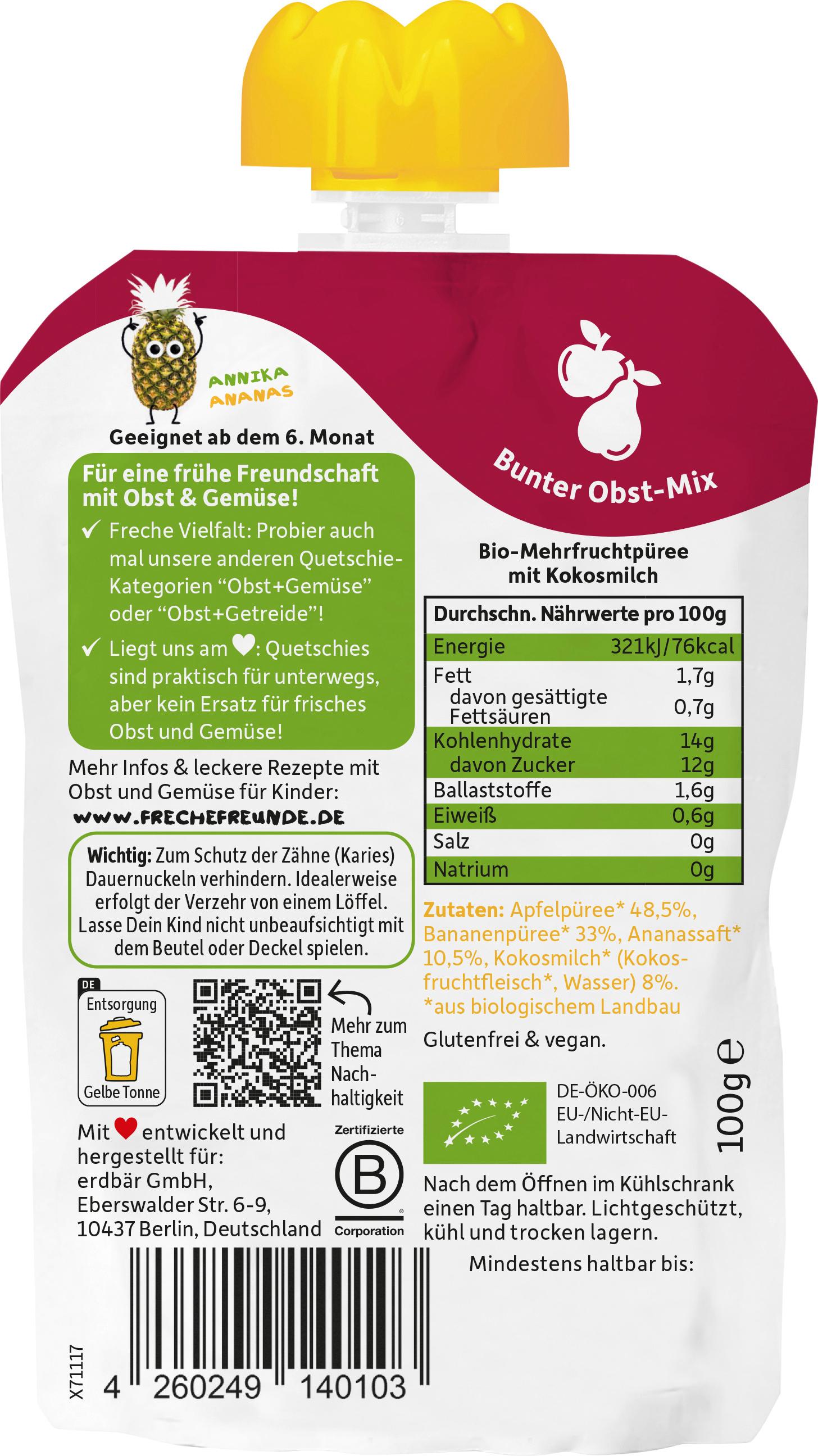 Produktbild Freche Freunde Bio Quetschie 100% Apfel, Banane, Ananas&Kokosnuss 2 von 10