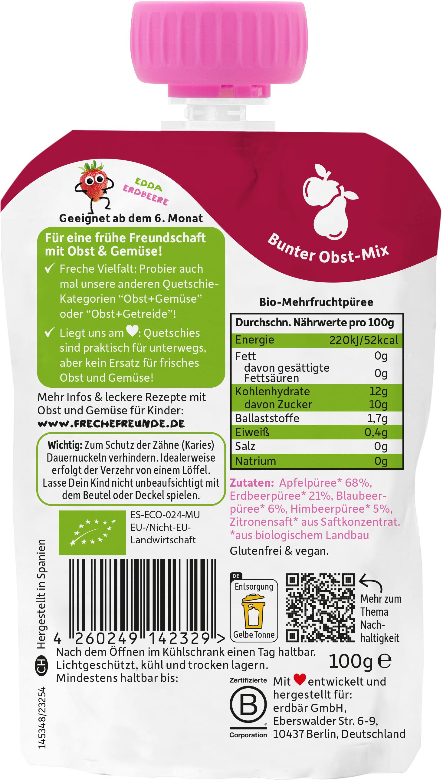 Produktbild Freche Freunde Bio Quetschie 100% Apfel, Erdbeere, Blaubeere&Himbeere 2 von 10