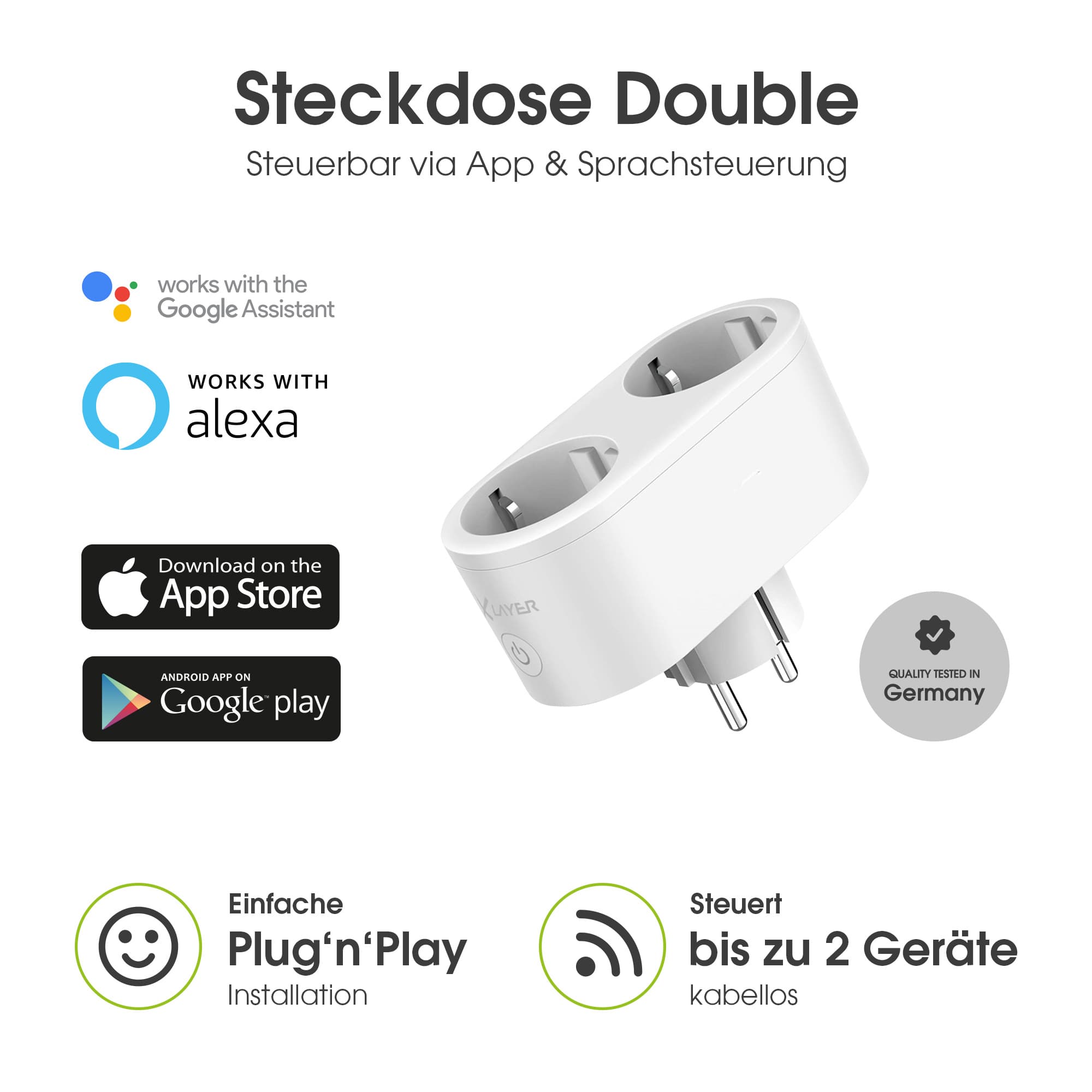 Produktbild XLayer Smart Home WiFi Doppel Steckdose Echo Weiß 2 von 3