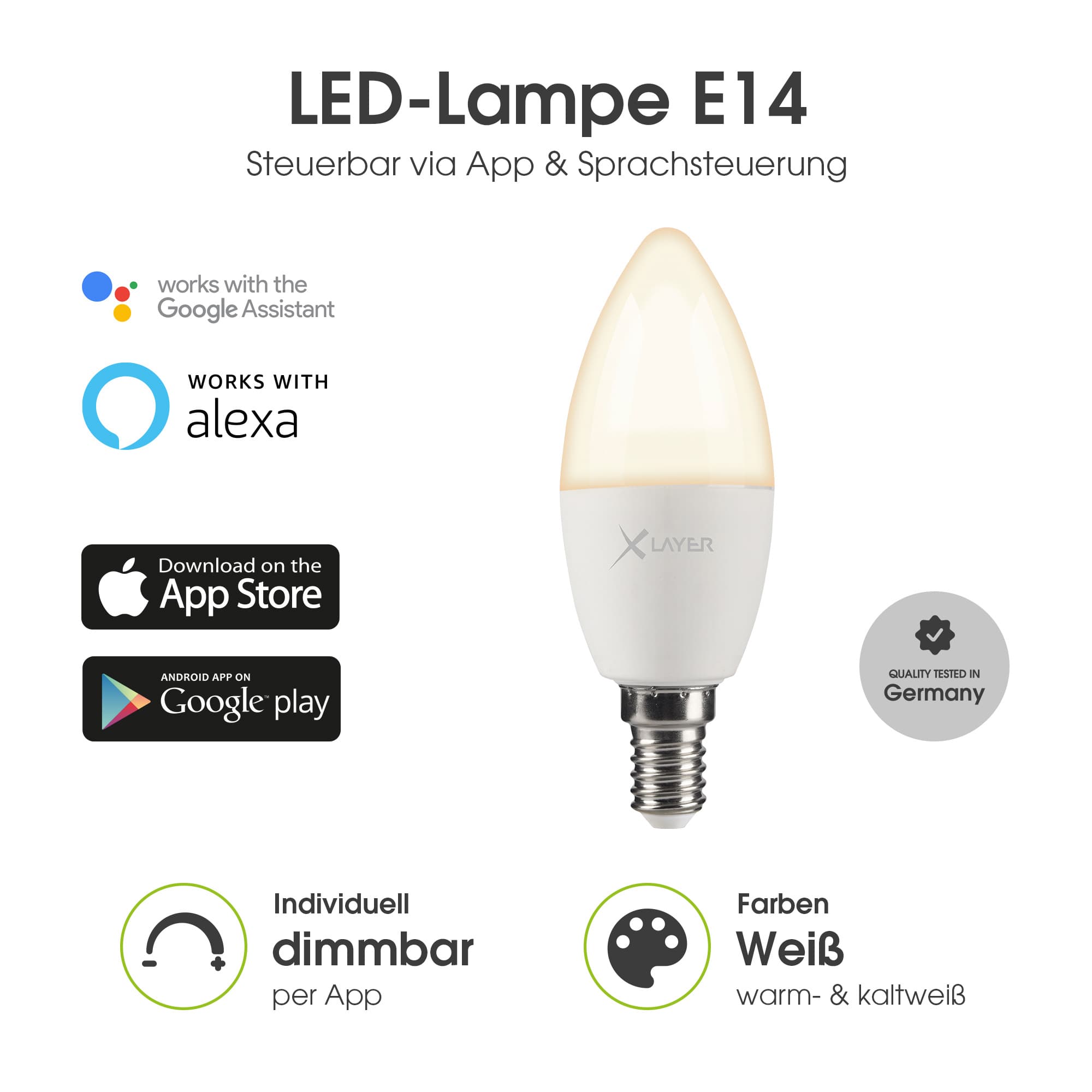 Produktbild XLayer Smart Home WiFi LED E14 - 4.5 Watt Lampe - Birne Warm- und Kaltweiß Dimmbar 2 von 3