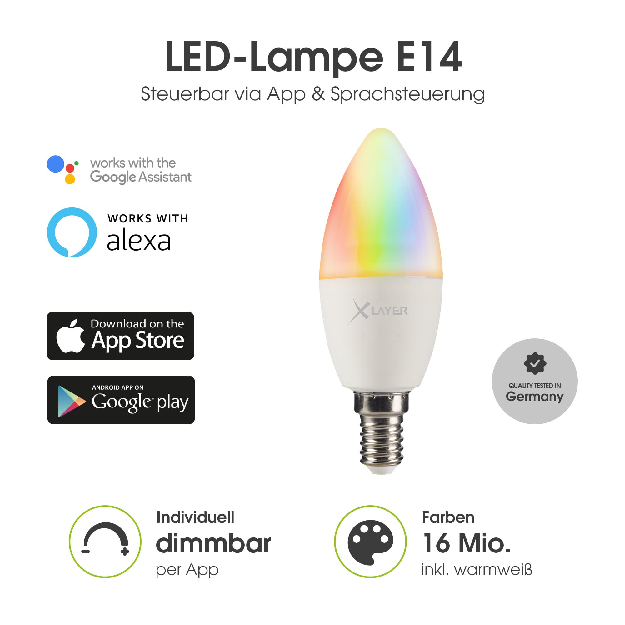 Produktbild XLayer Smart Home WiFi LED E14 - 4.5 Watt Lampe - Birne Mehrfarbig, Dimmbar, Warm- und Kaltweiß 2 von 3